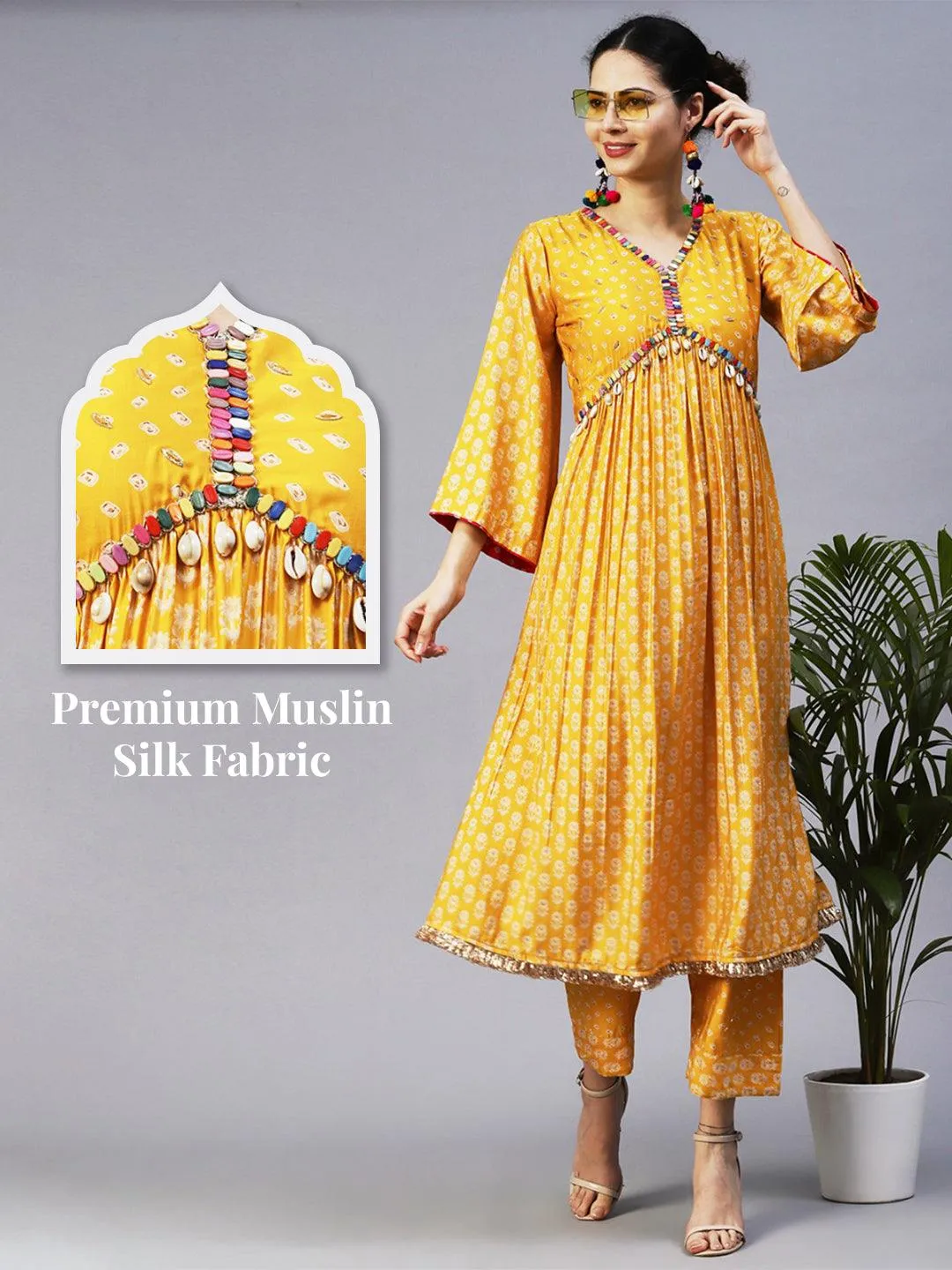 Floral & Bandhani Printed Embroidered A-Line Kurta with Pant - Yellow