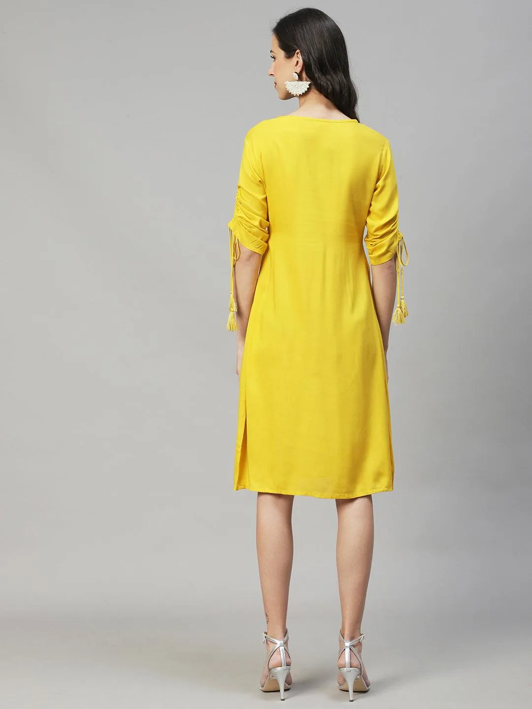 Floral Embroidered A-Line Midi Dress - Yellow