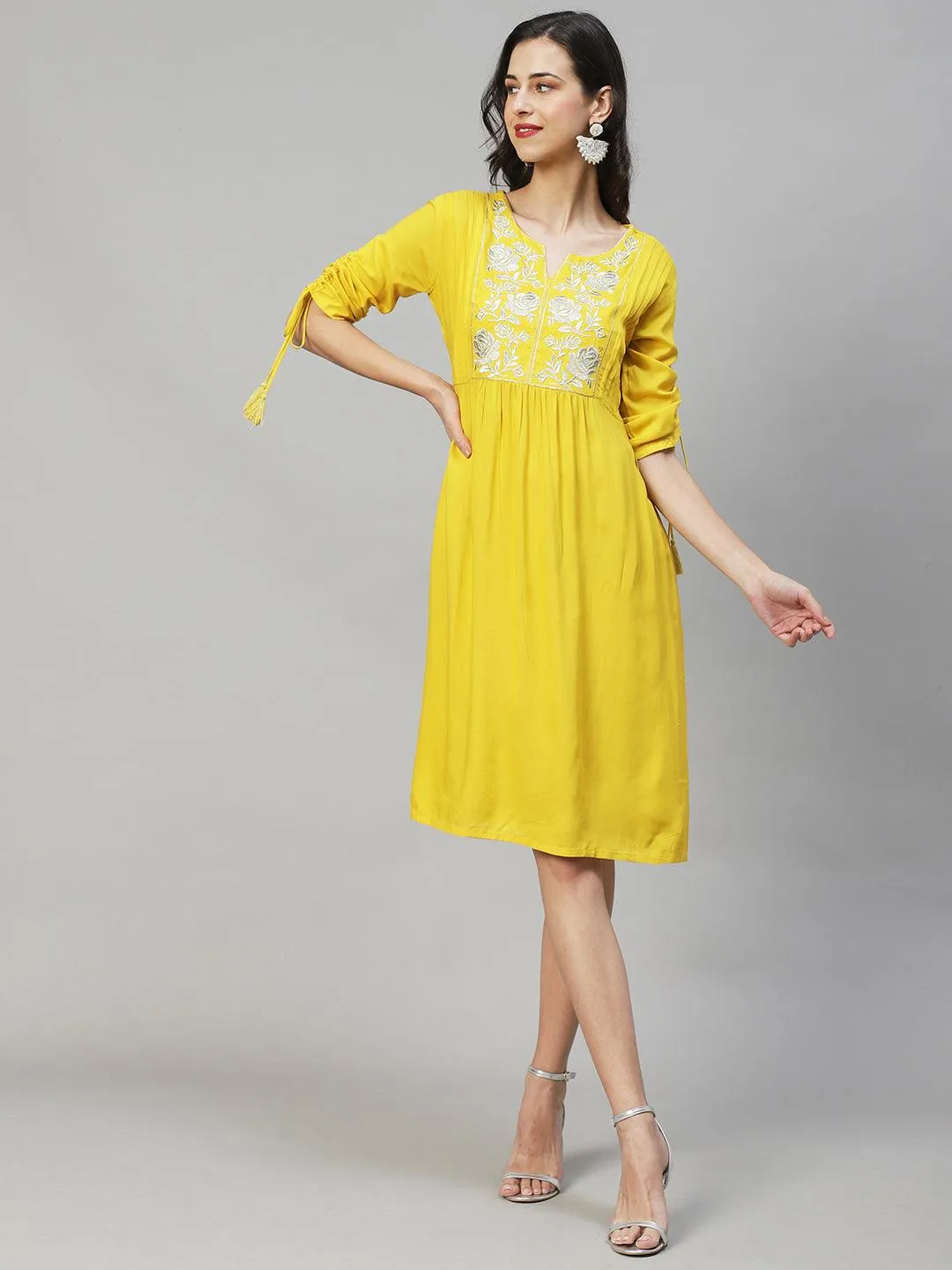 Floral Embroidered A-Line Midi Dress - Yellow