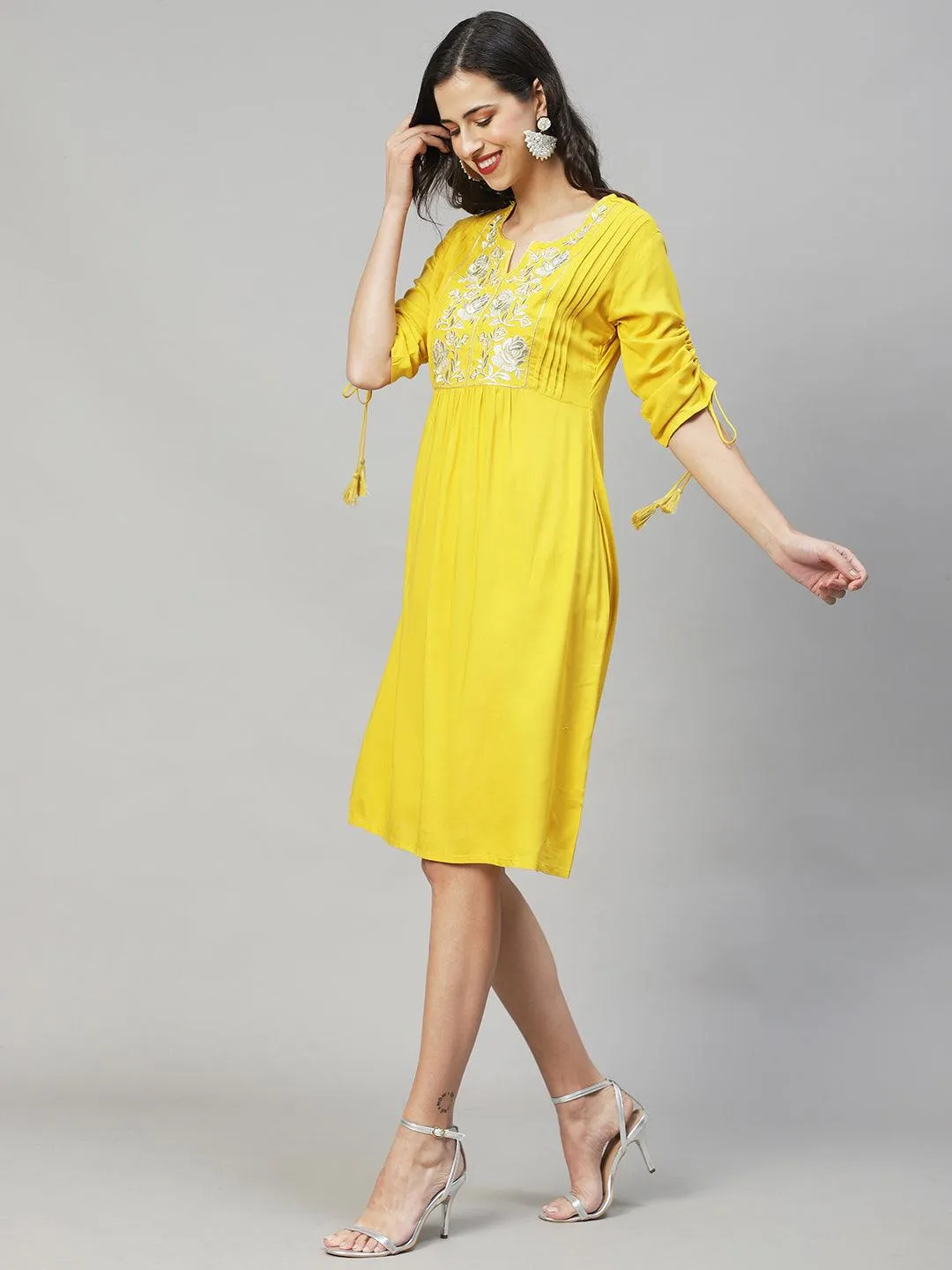 Floral Embroidered A-Line Midi Dress - Yellow