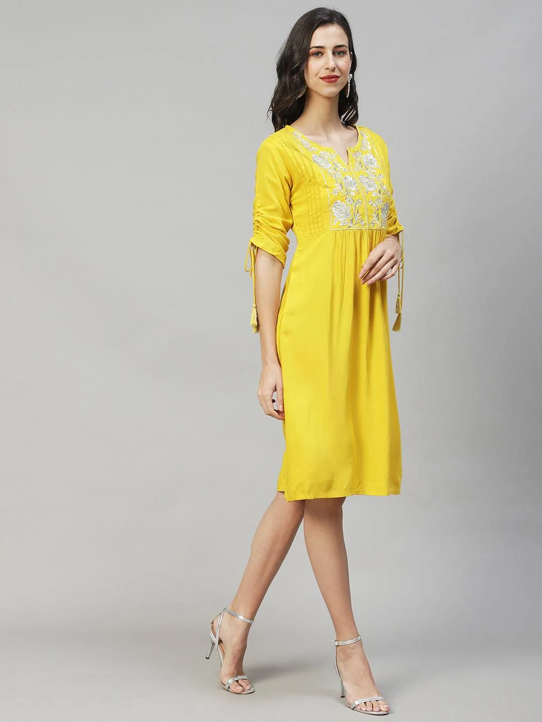 Floral Embroidered A-Line Midi Dress - Yellow