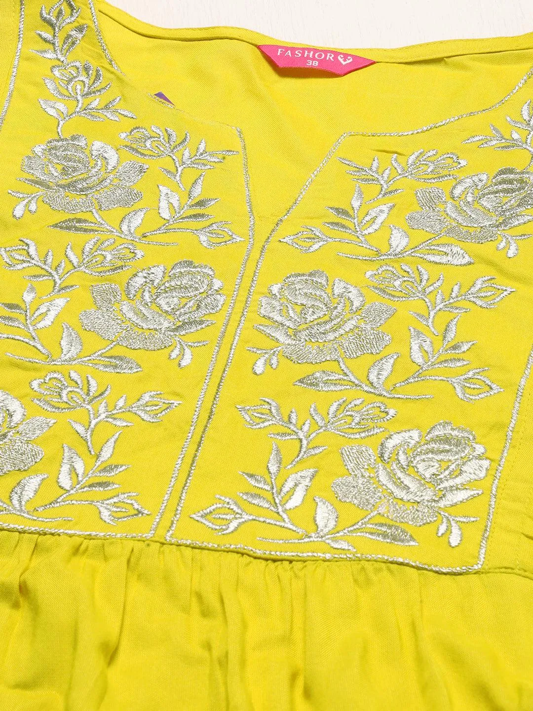 Floral Embroidered A-Line Midi Dress - Yellow