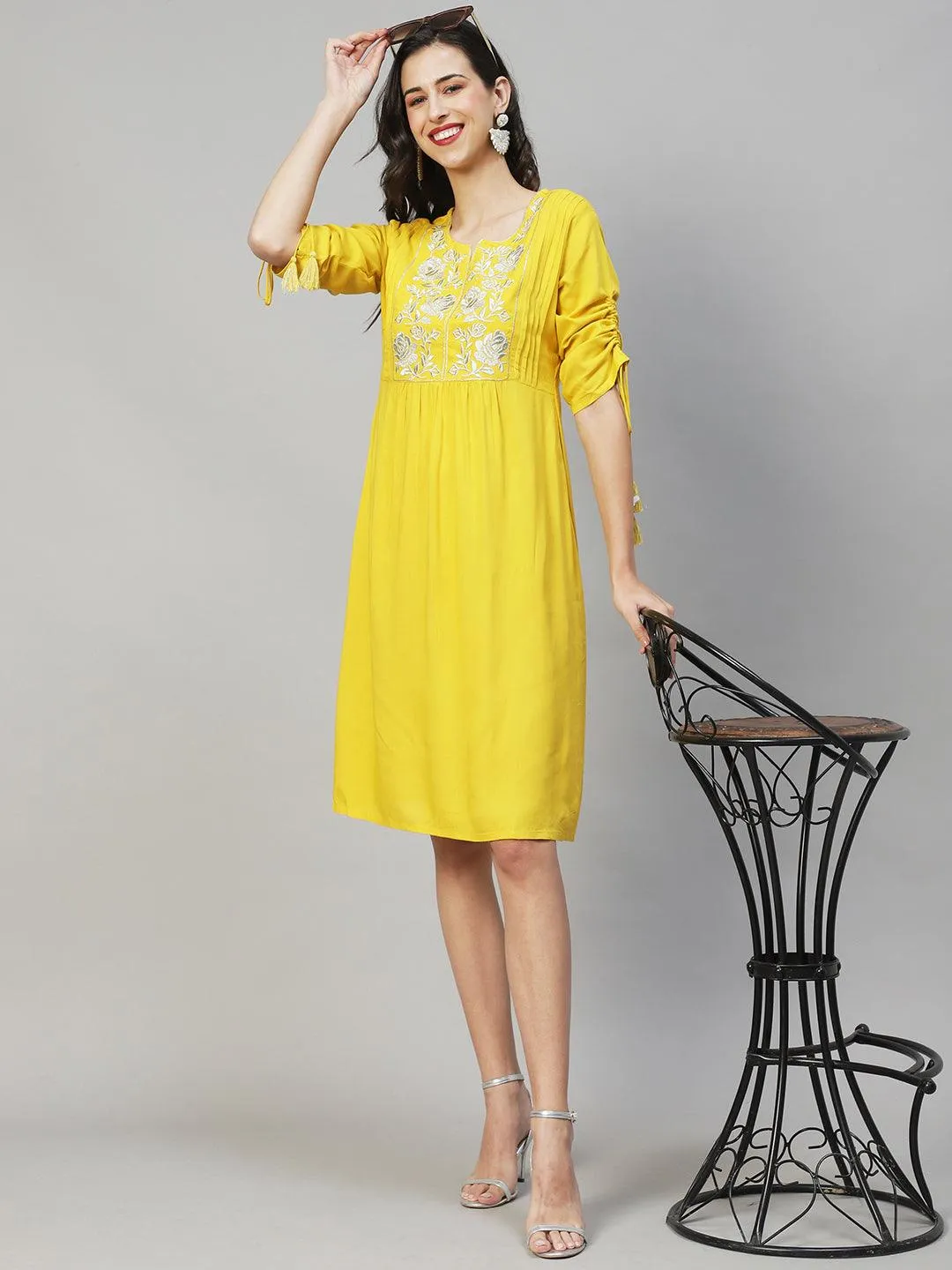 Floral Embroidered A-Line Midi Dress - Yellow