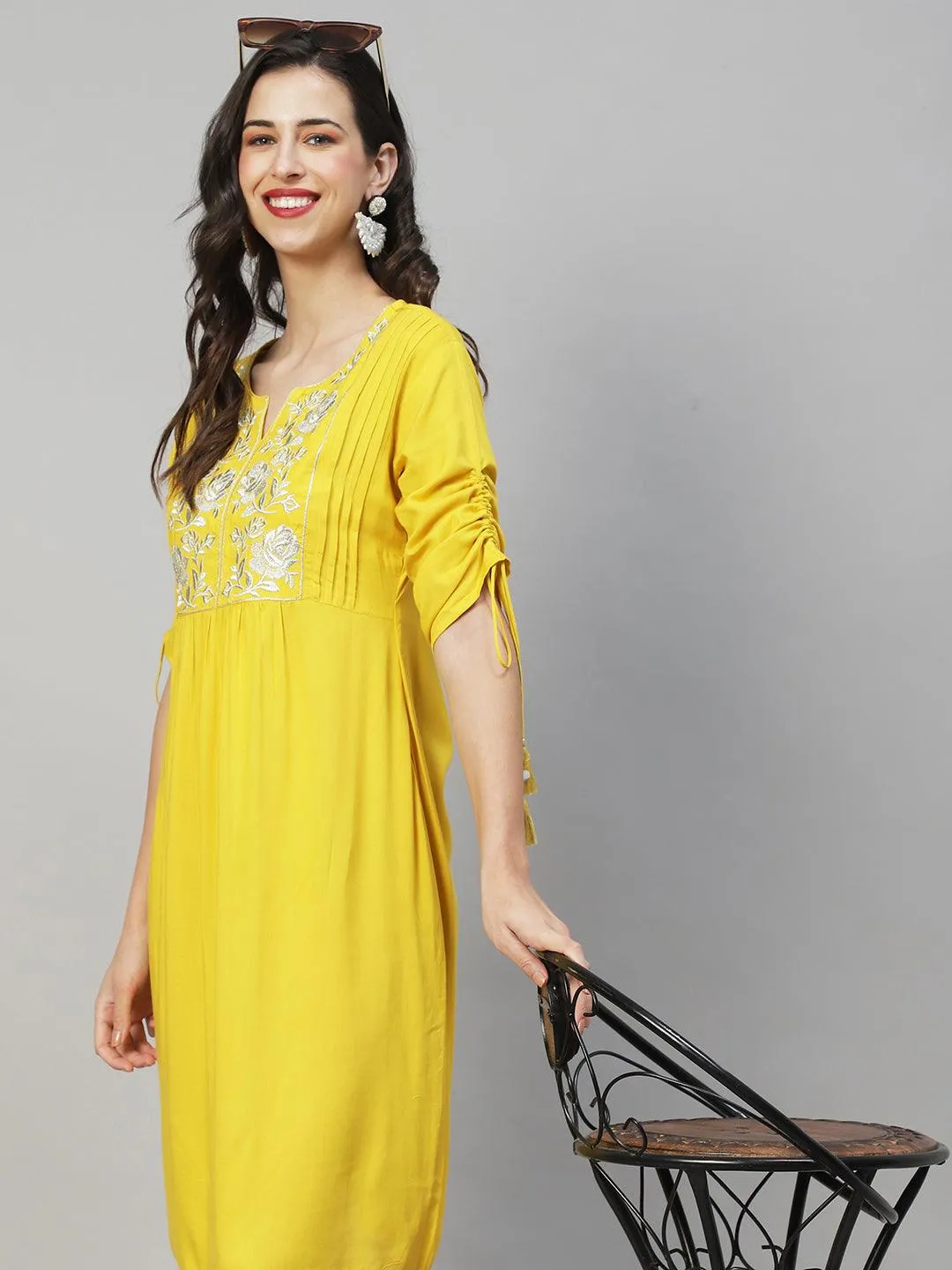 Floral Embroidered A-Line Midi Dress - Yellow