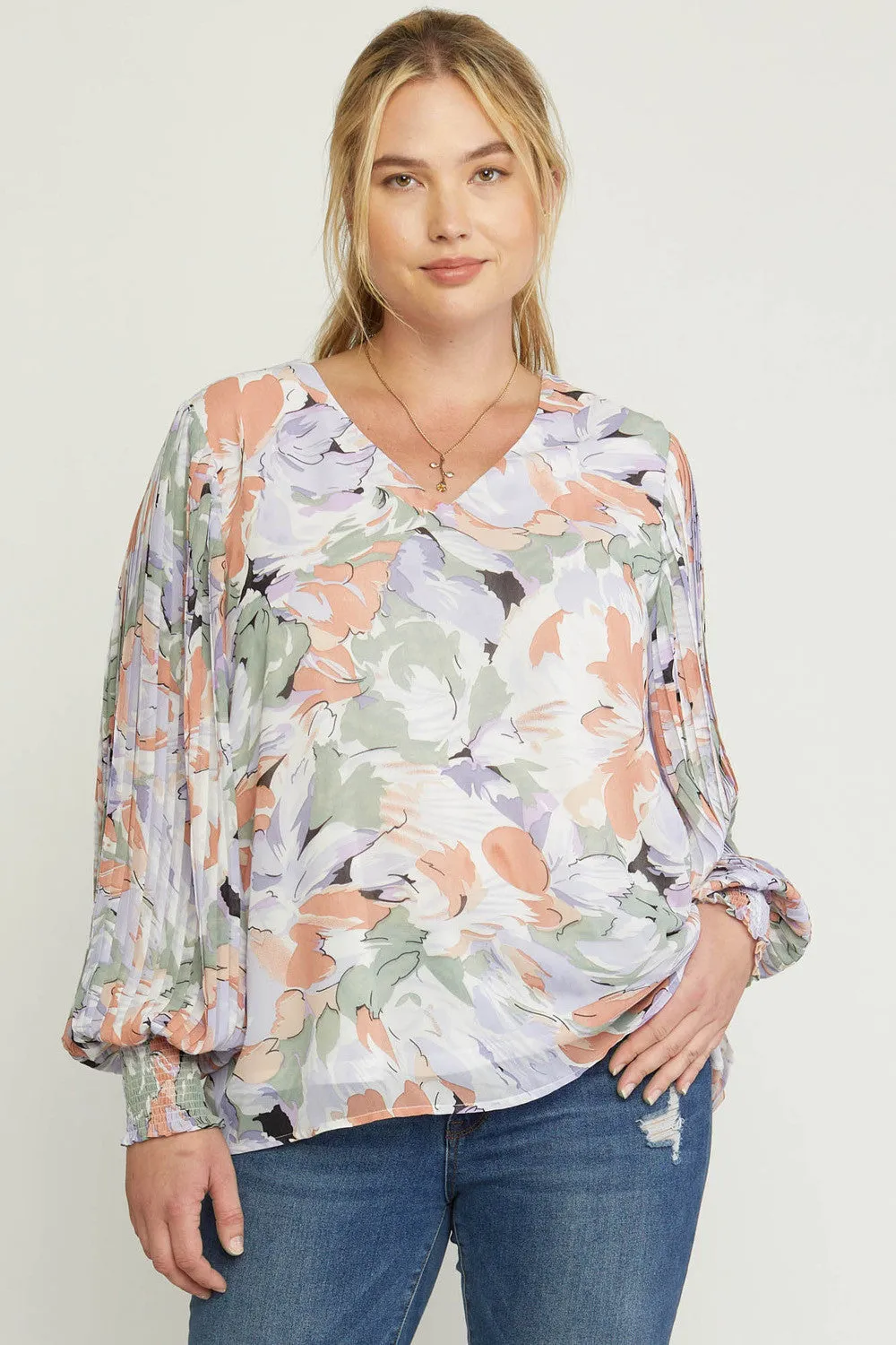 Floral Pleated Sleeve Blouse