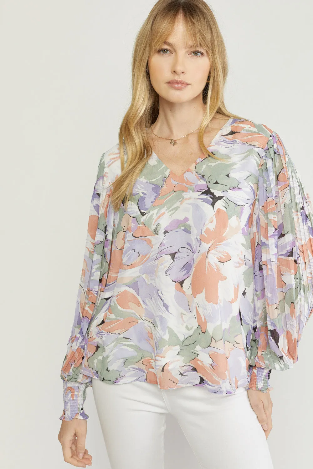 Floral Pleated Sleeve Blouse