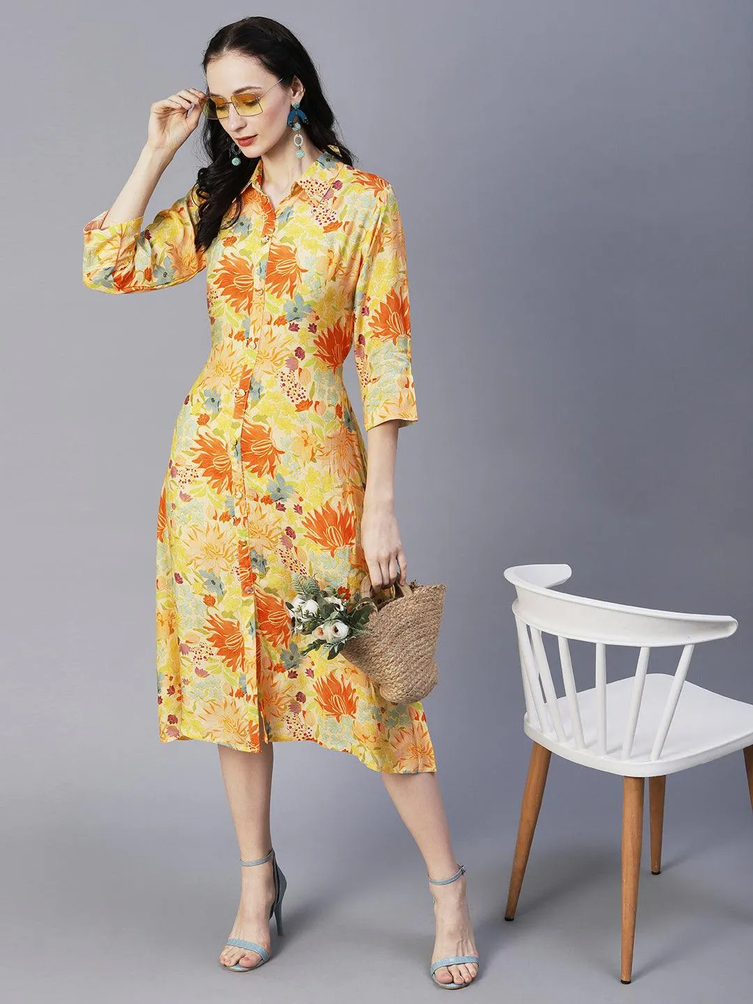 Floral Printed A-Line Midi Dress with Belt - Yellow