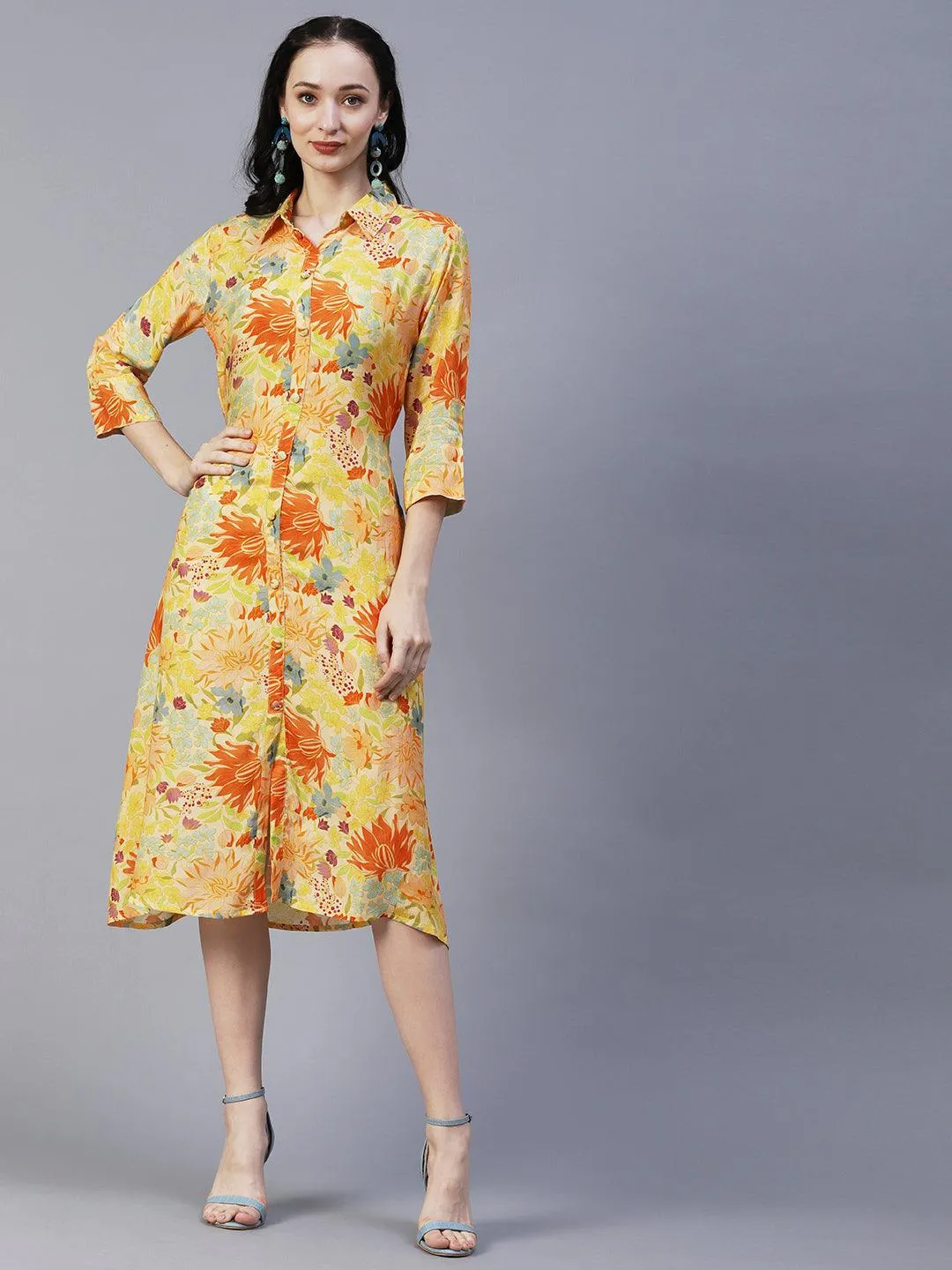 Floral Printed A-Line Midi Dress with Belt - Yellow