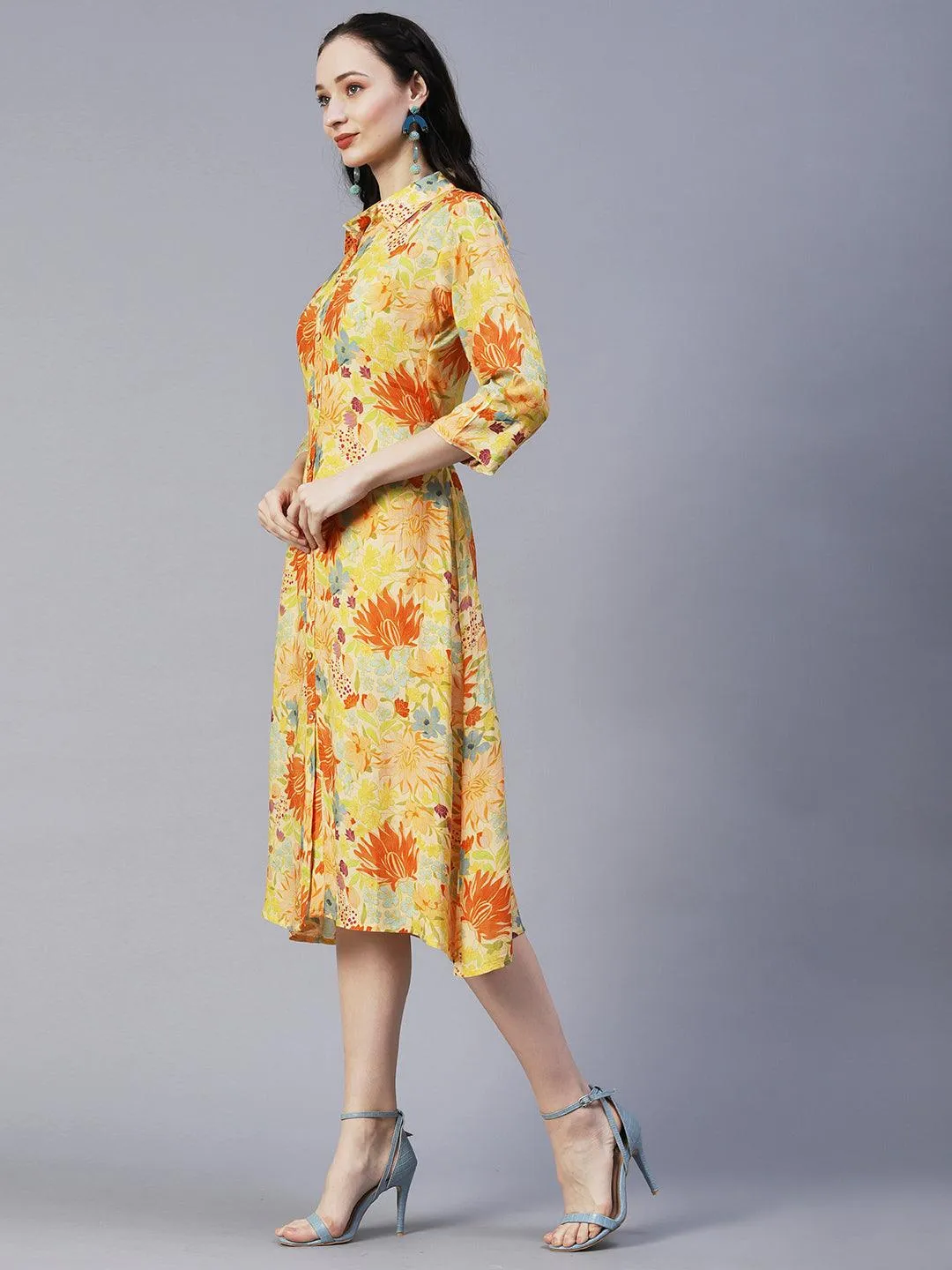 Floral Printed A-Line Midi Dress with Belt - Yellow