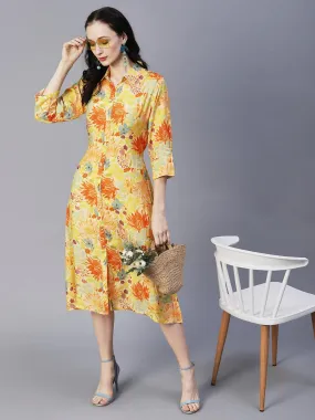 Floral Printed A-Line Midi Dress with Belt - Yellow