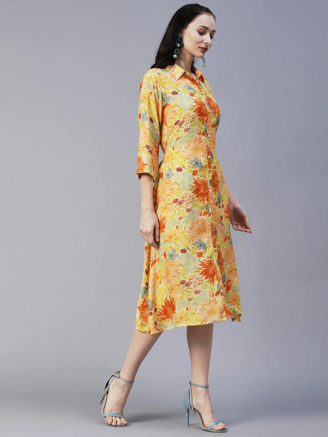 Floral Printed A-Line Midi Dress with Belt - Yellow