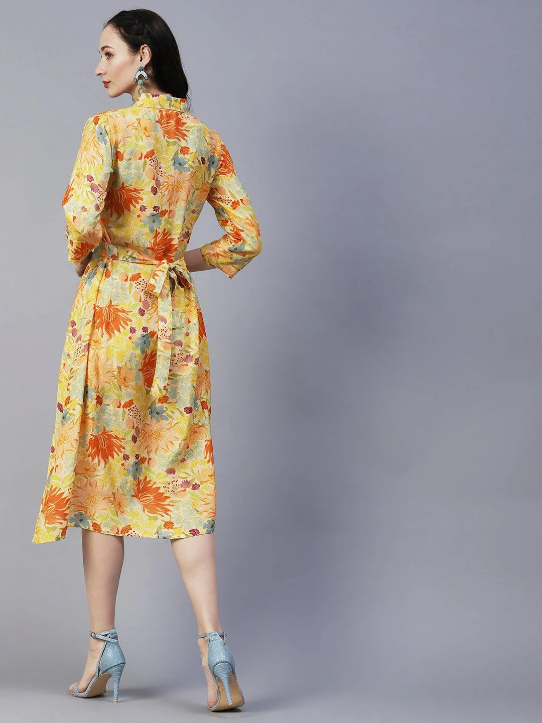 Floral Printed A-Line Midi Dress with Belt - Yellow