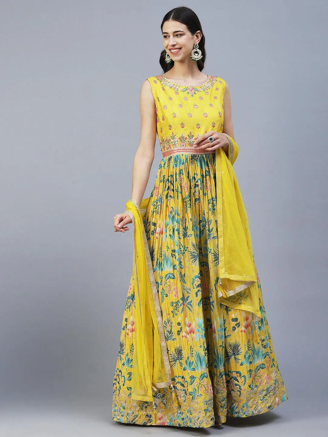 Floral Printed Hand Embroidered Gown With Churidar & Embroidered Dupatta - Yellow