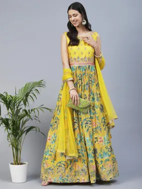 Floral Printed Hand Embroidered Gown With Churidar & Embroidered Dupatta - Yellow