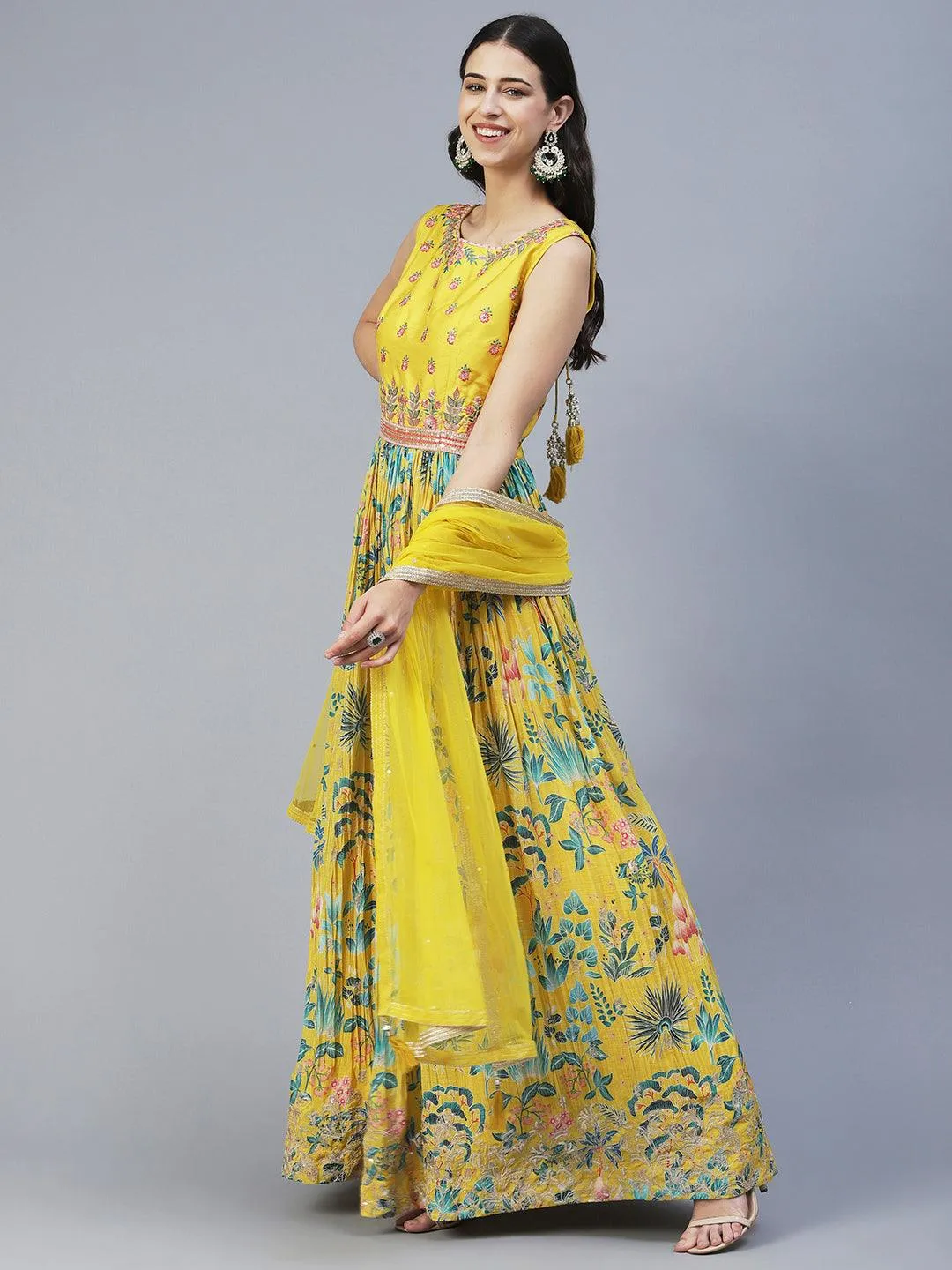 Floral Printed Hand Embroidered Gown With Churidar & Embroidered Dupatta - Yellow