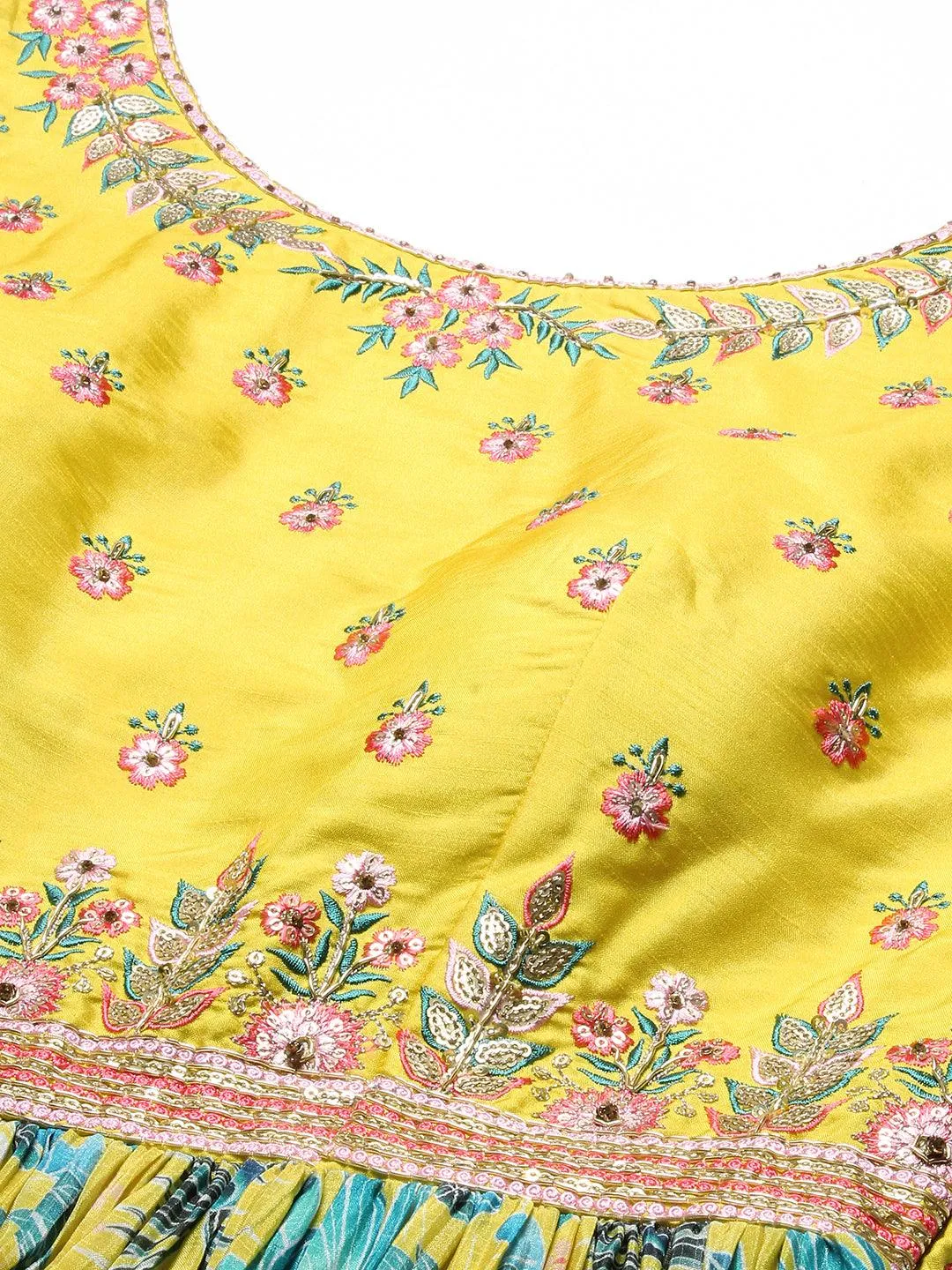 Floral Printed Hand Embroidered Gown With Churidar & Embroidered Dupatta - Yellow