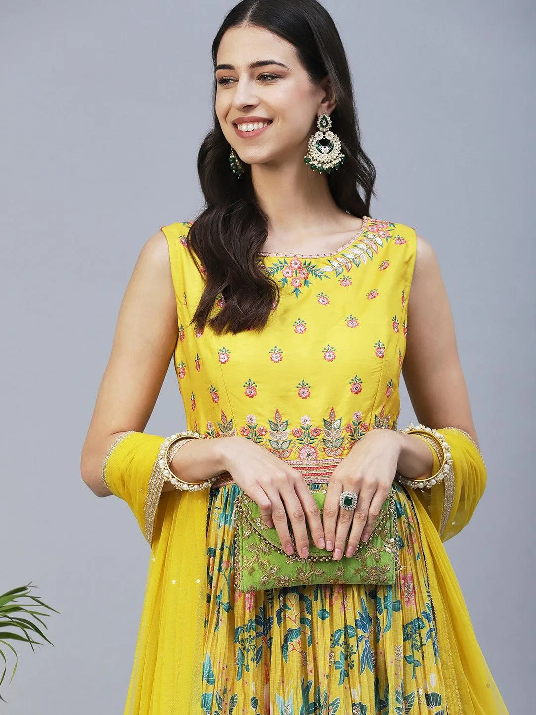 Floral Printed Hand Embroidered Gown With Churidar & Embroidered Dupatta - Yellow