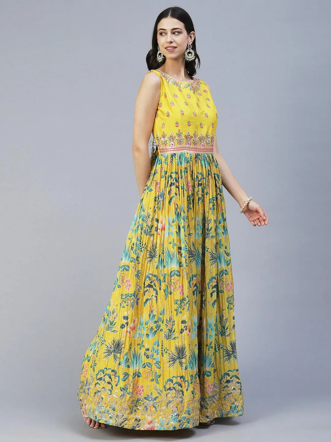 Floral Printed Hand Embroidered Gown With Churidar & Embroidered Dupatta - Yellow