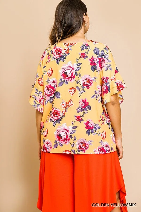 Floral Ruffle Sleeve Blouse,  Yellow