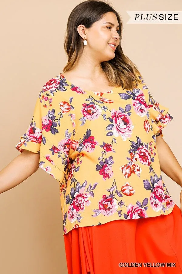 Floral Ruffle Sleeve Blouse,  Yellow