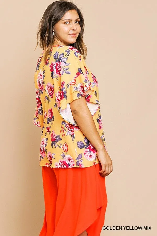 Floral Ruffle Sleeve Blouse,  Yellow