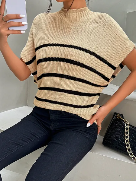 Frenchy Striped Pattern Ribbed Knit Sweater Batwing Sleeve Vest High Neck HY6KKSCARS