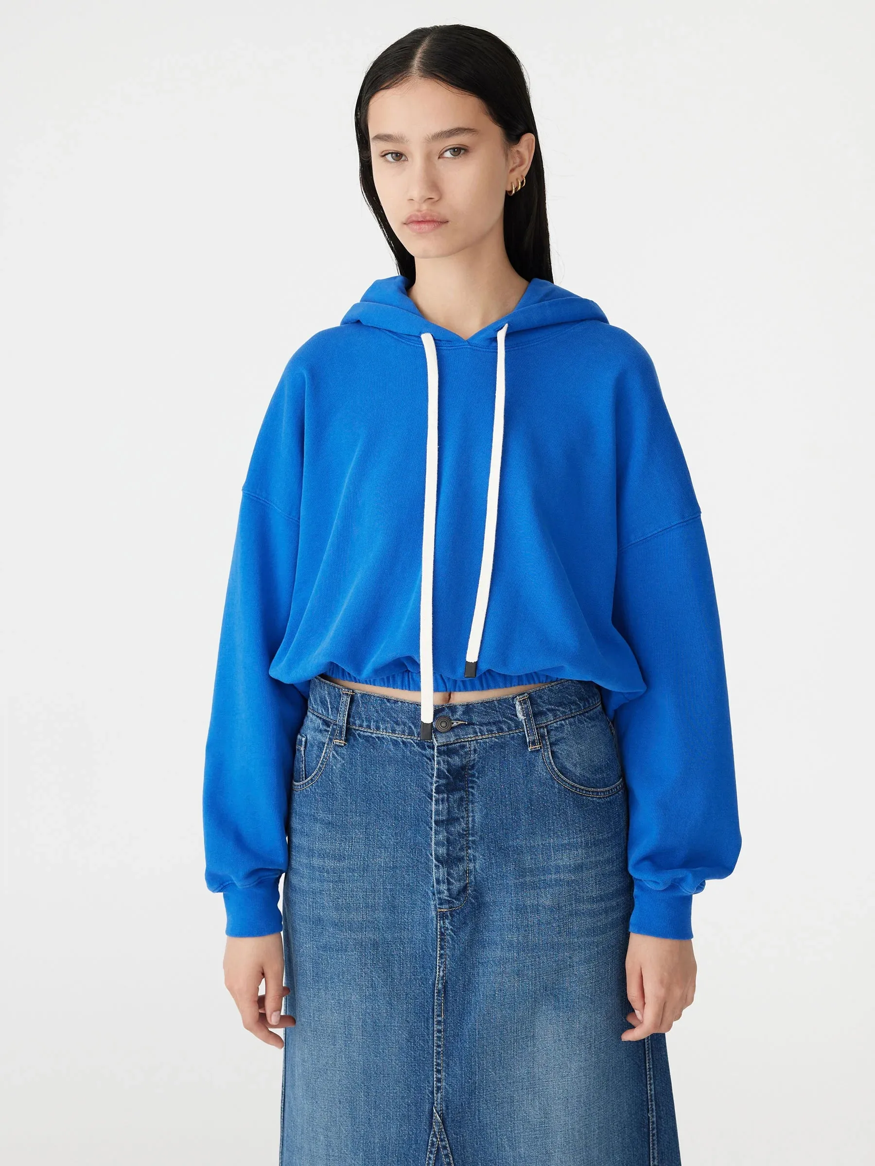 GATHERED HOODED SWEAT - COBALT