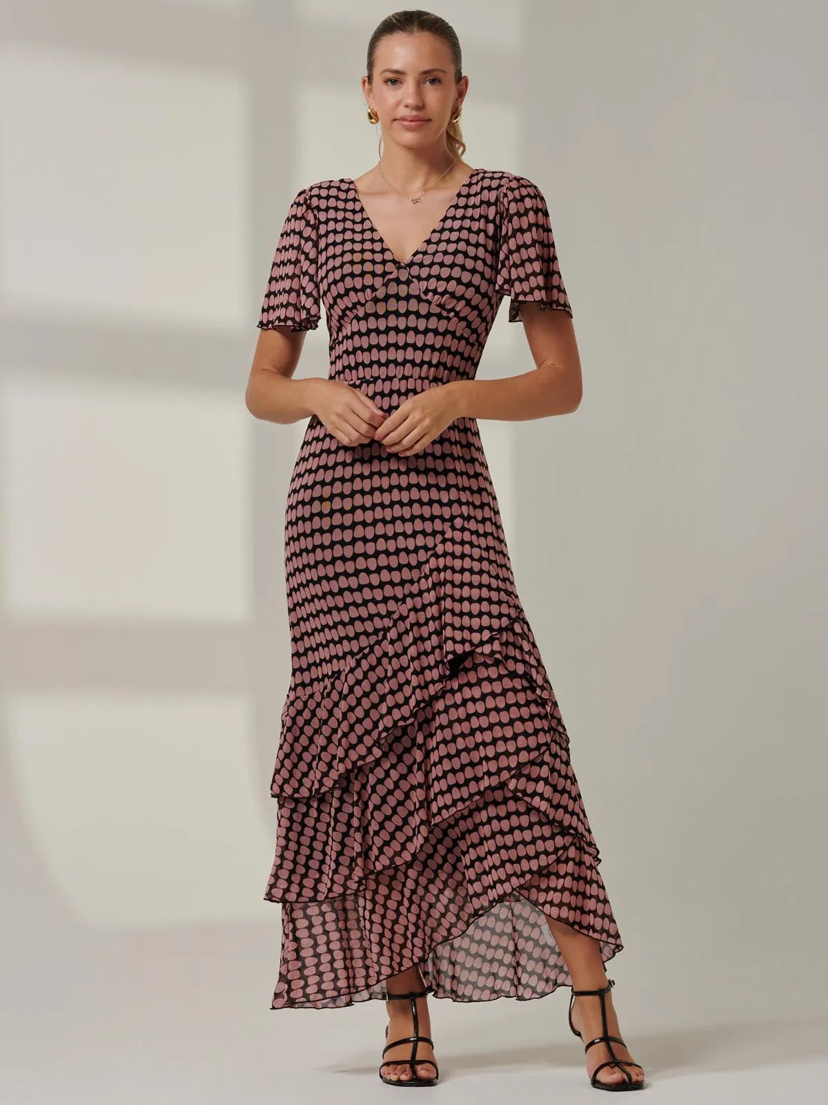 Geo Print Tiered Maxi Dress, Pink Geo