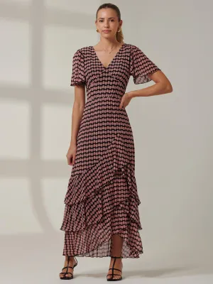 Geo Print Tiered Maxi Dress, Pink Geo