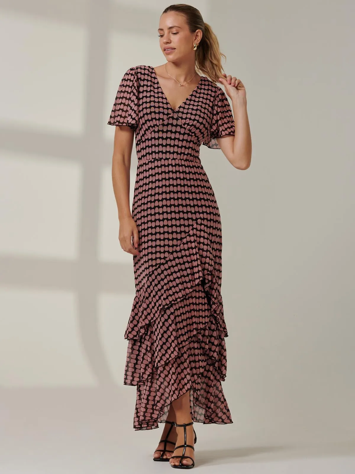 Geo Print Tiered Maxi Dress, Pink Geo