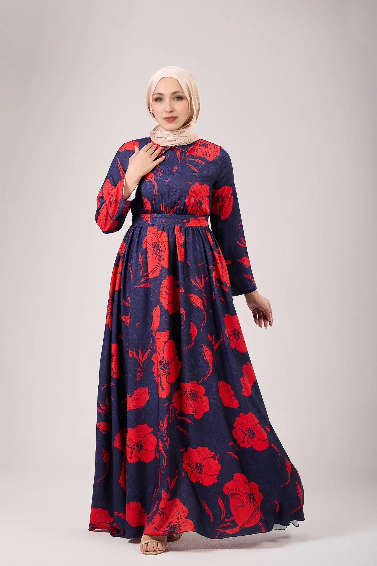 Ghufran Satin Floral Elegance Modesty Maxi Dress with Long Sleeves