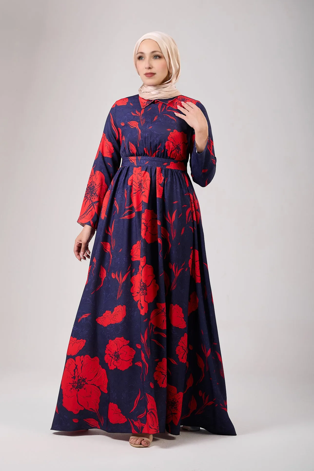 Ghufran Satin Floral Elegance Modesty Maxi Dress with Long Sleeves