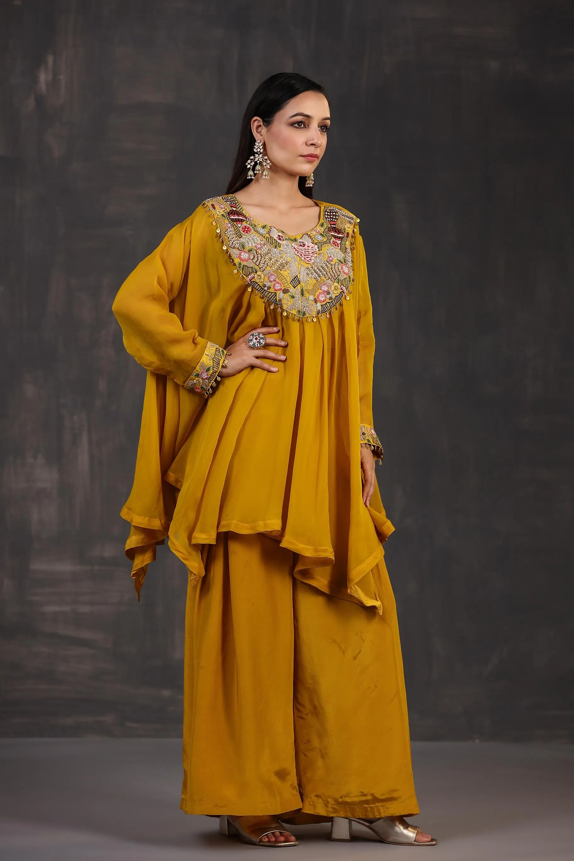 Golden Yellow Embellished Premium Organza Silk Co-Ord Set