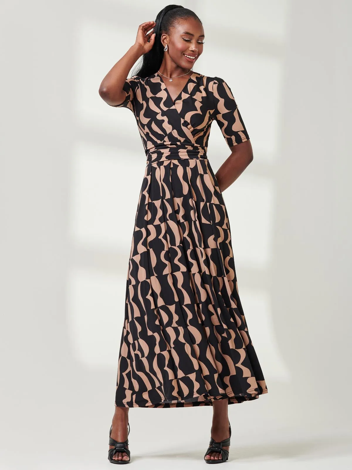 Half Sleeve Jersey Maxi Dress, Brown Pattern