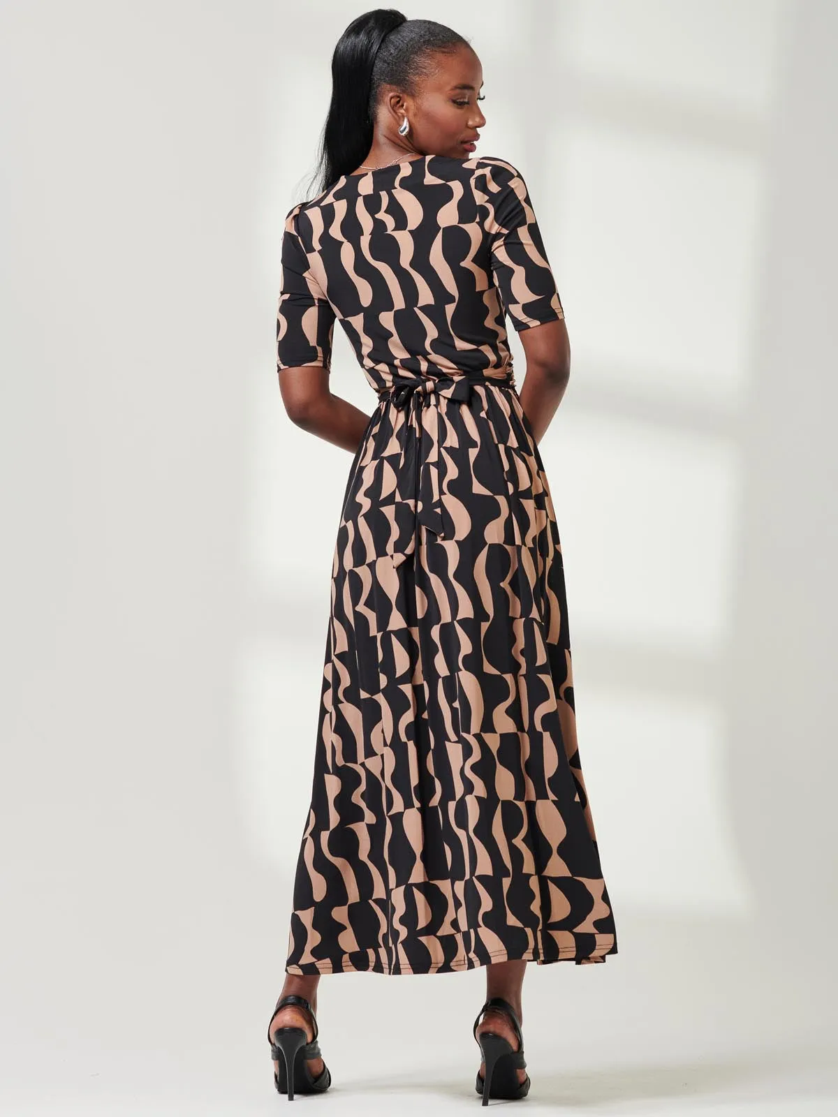 Half Sleeve Jersey Maxi Dress, Brown Pattern