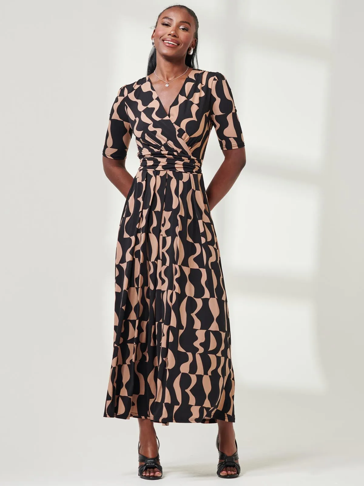 Half Sleeve Jersey Maxi Dress, Brown Pattern