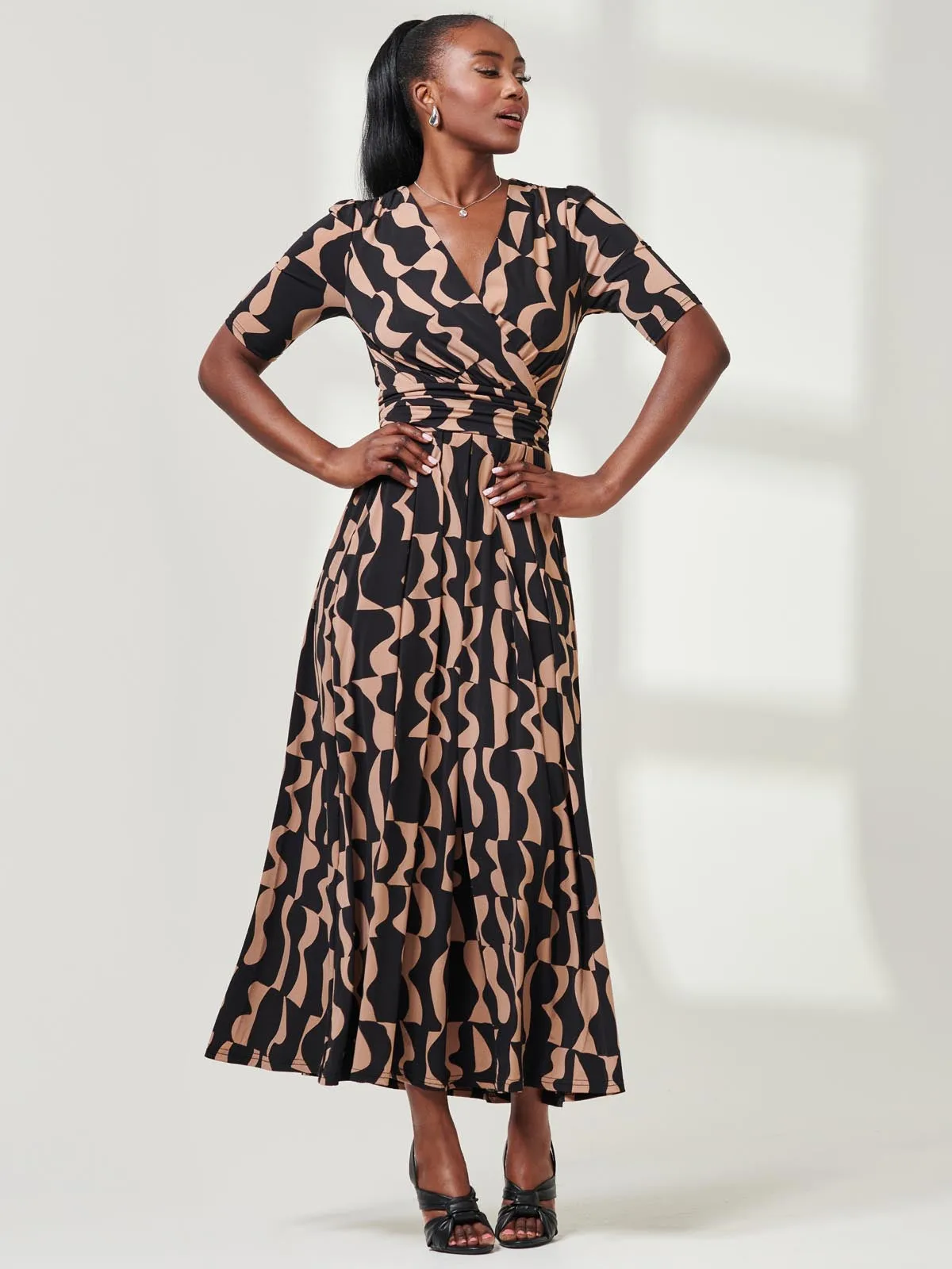 Half Sleeve Jersey Maxi Dress, Brown Pattern