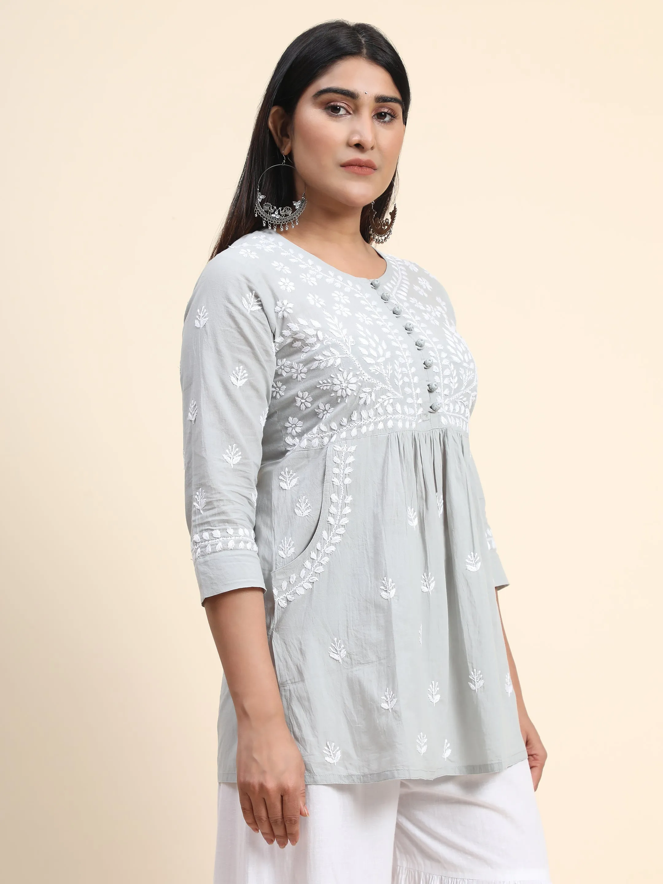 Hand Embroidery Chikankari Tunic for Women - Grey