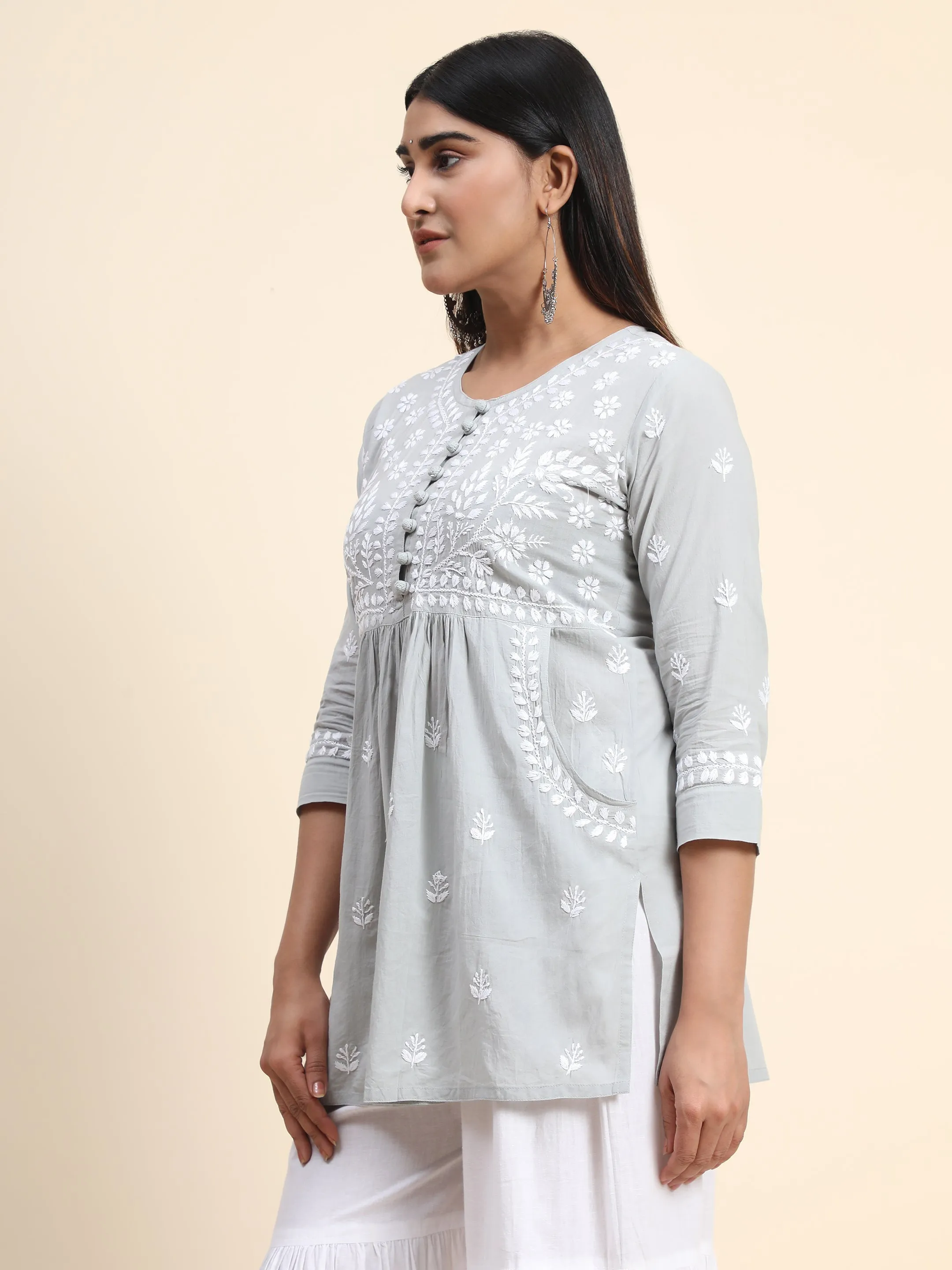 Hand Embroidery Chikankari Tunic for Women - Grey