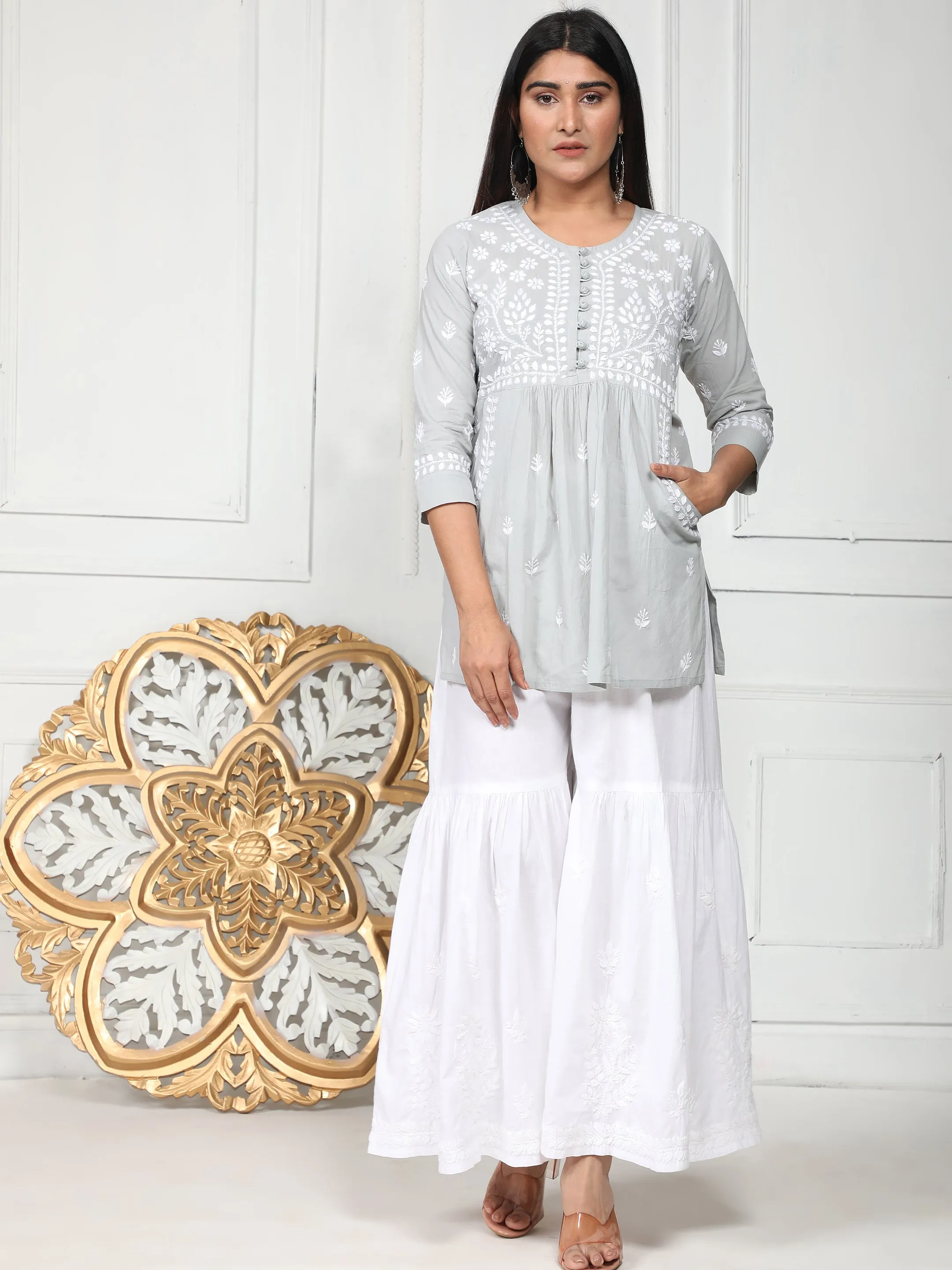 Hand Embroidery Chikankari Tunic for Women - Grey