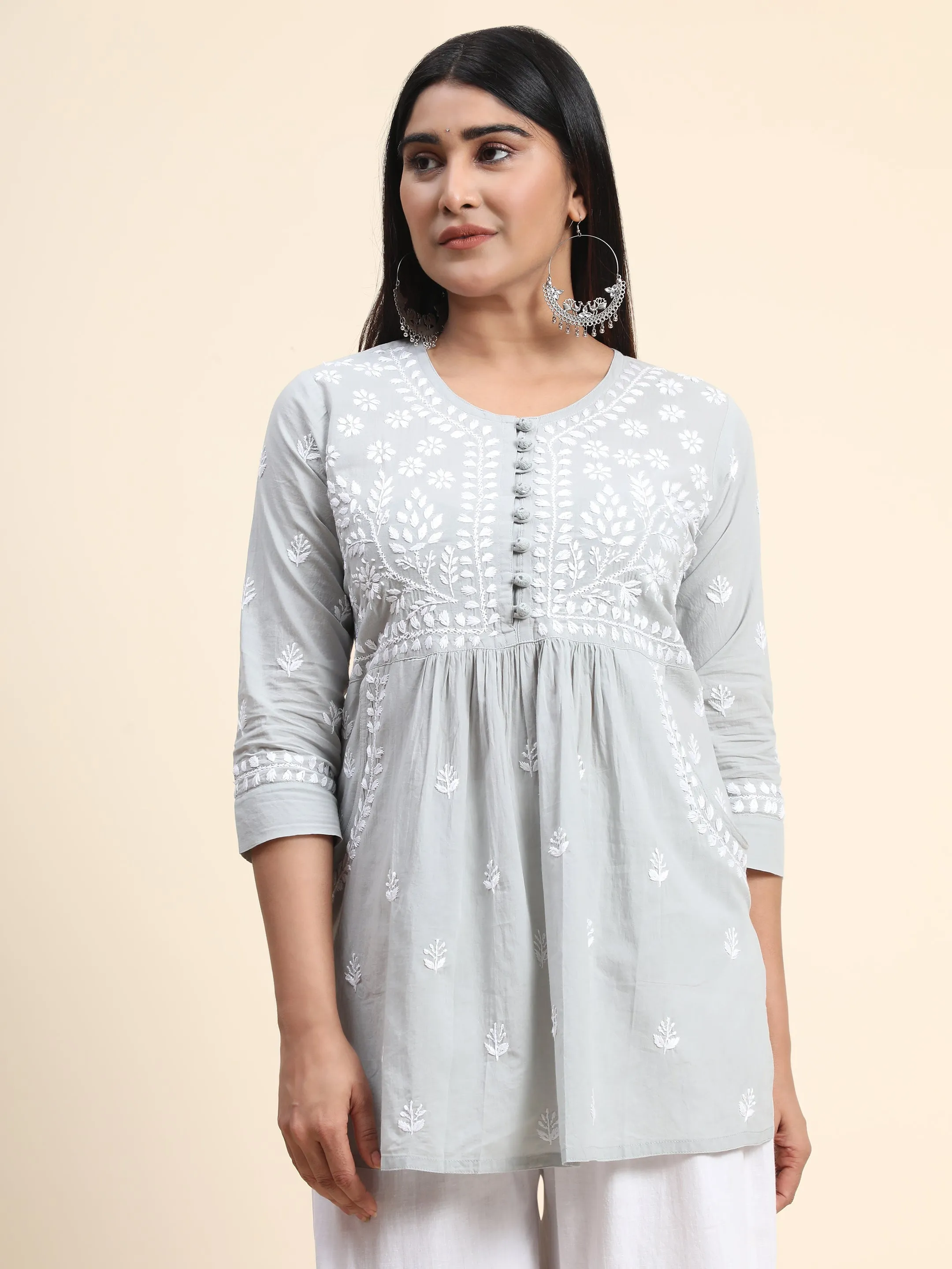 Hand Embroidery Chikankari Tunic for Women - Grey