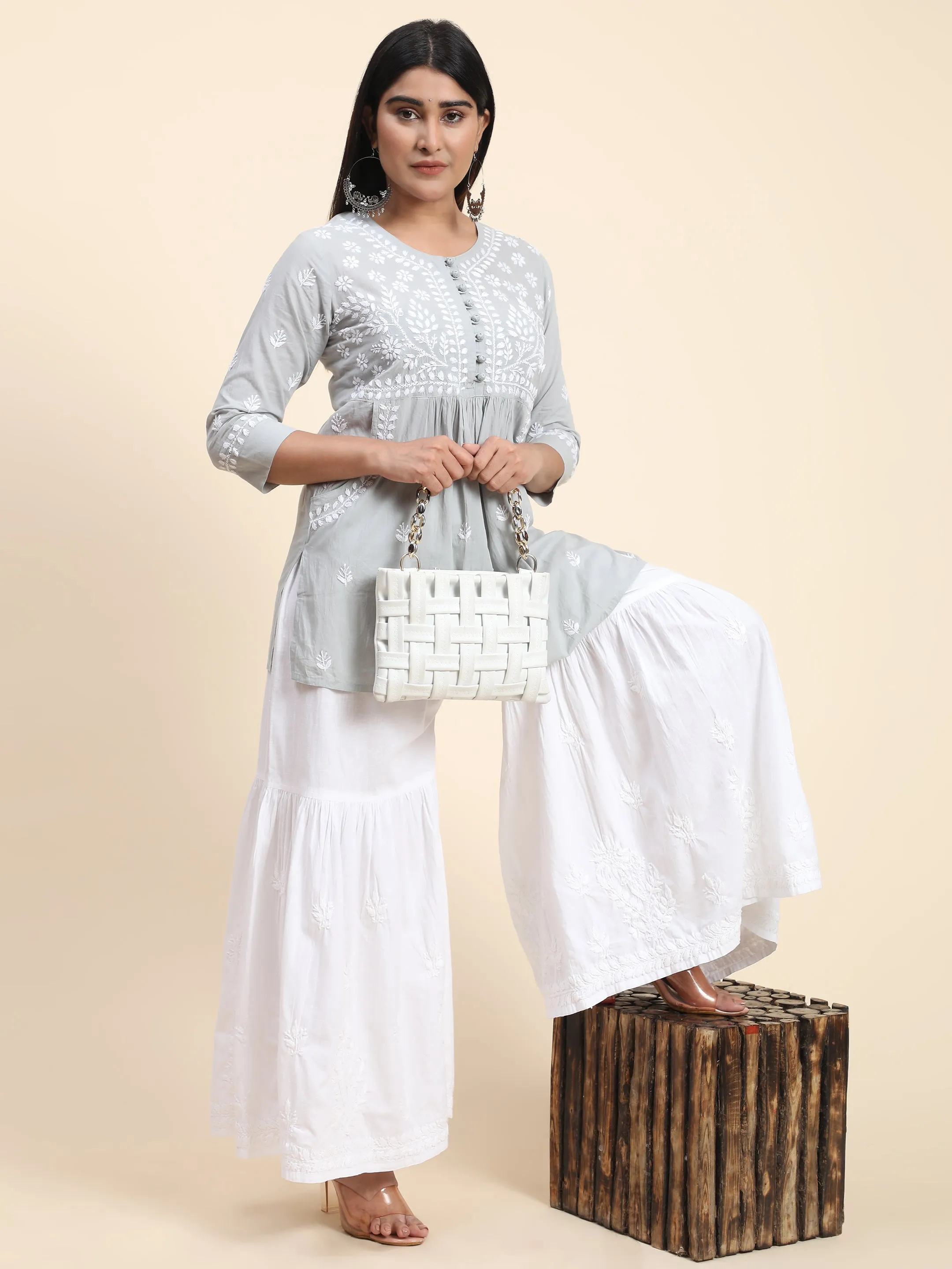 Hand Embroidery Chikankari Tunic for Women - Grey