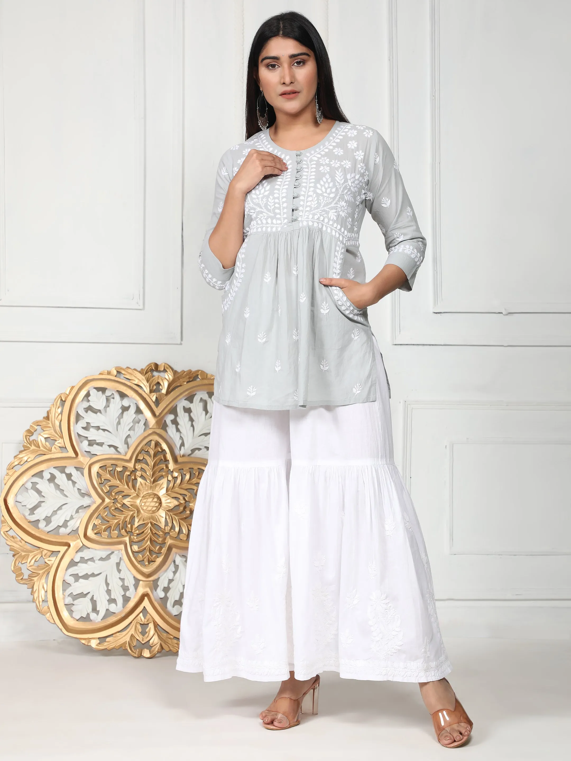 Hand Embroidery Chikankari Tunic for Women - Grey