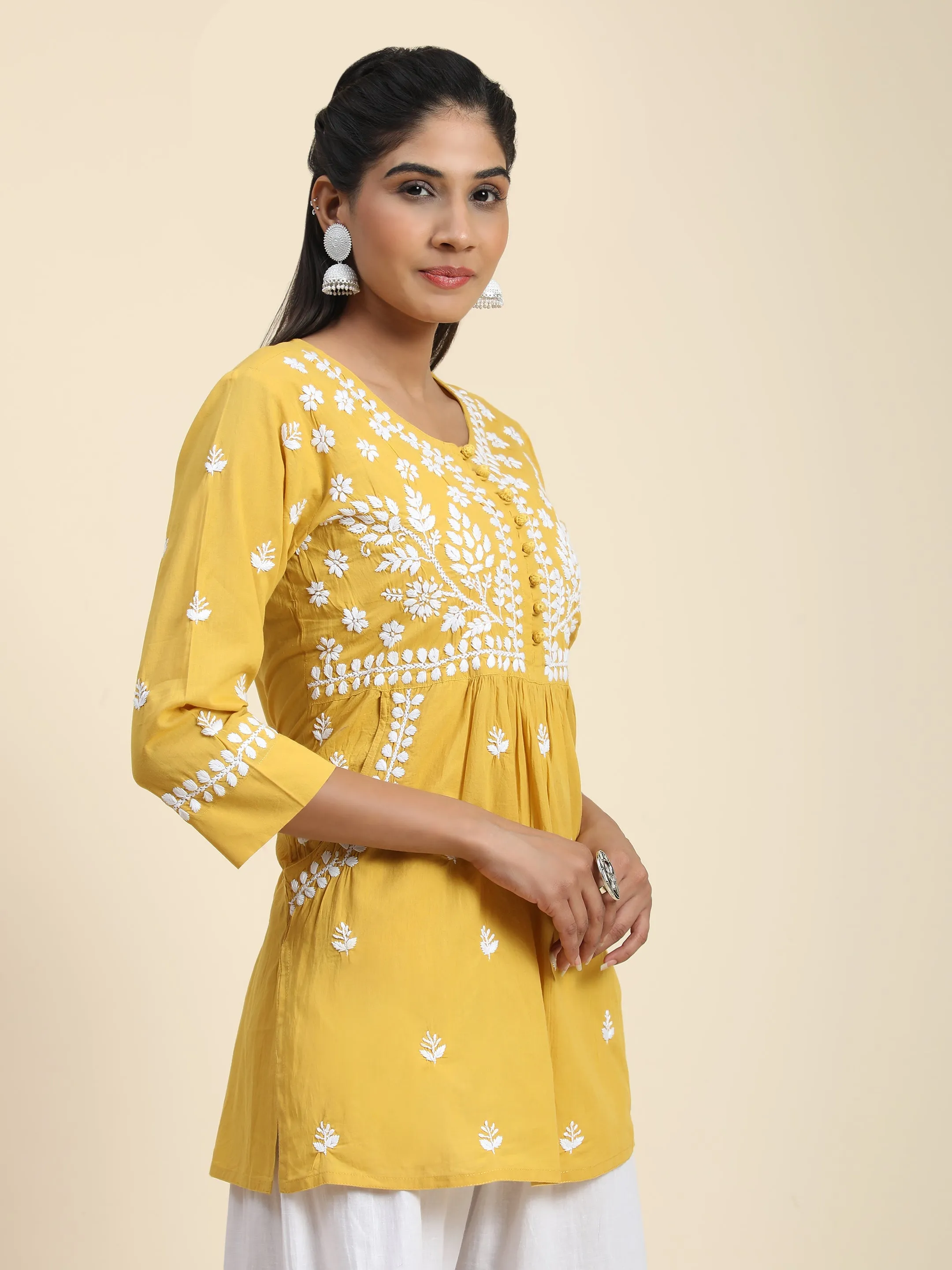 Hand Embroidery Chikankari Tunic for Women - Mustard