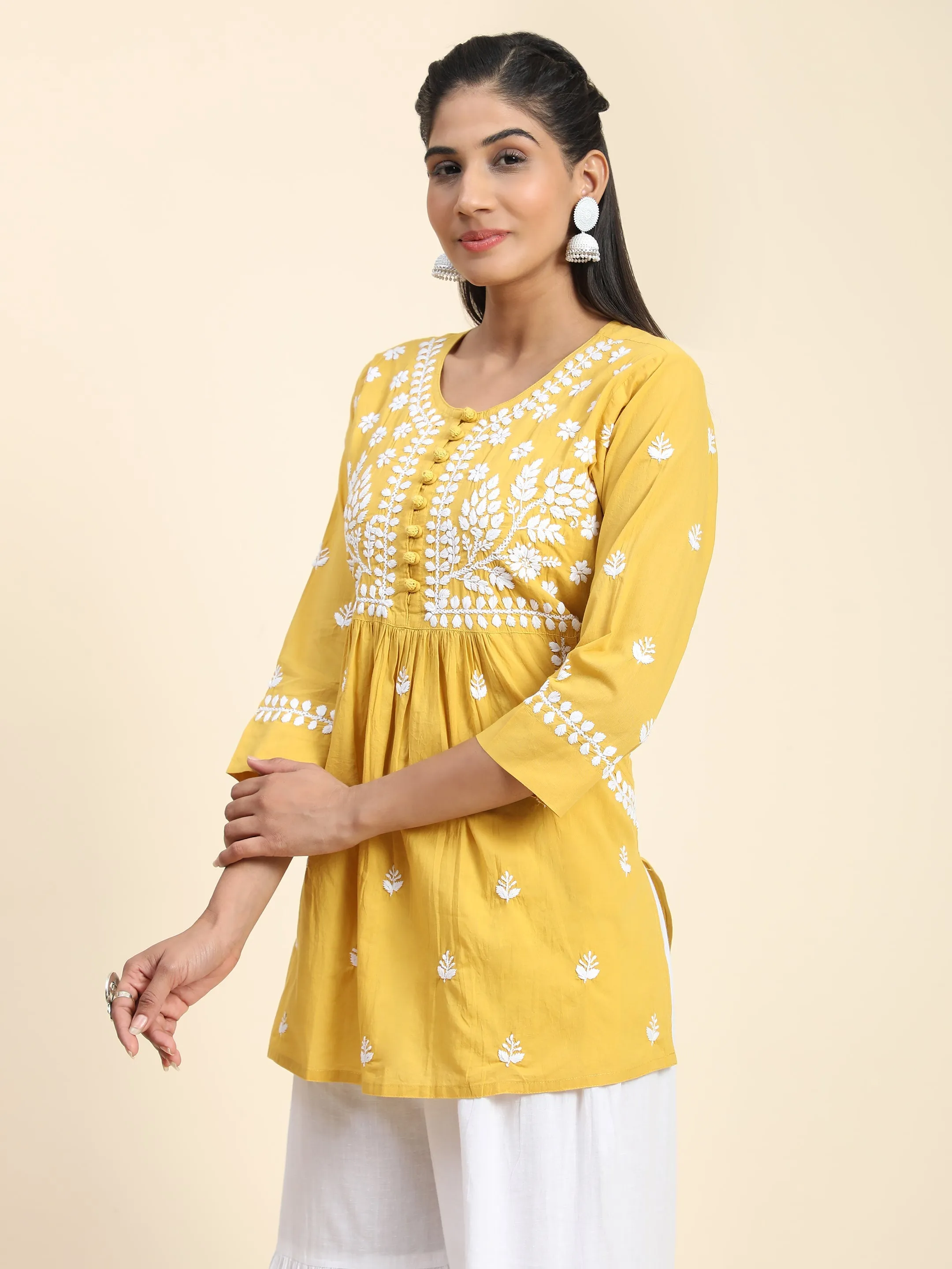 Hand Embroidery Chikankari Tunic for Women - Mustard