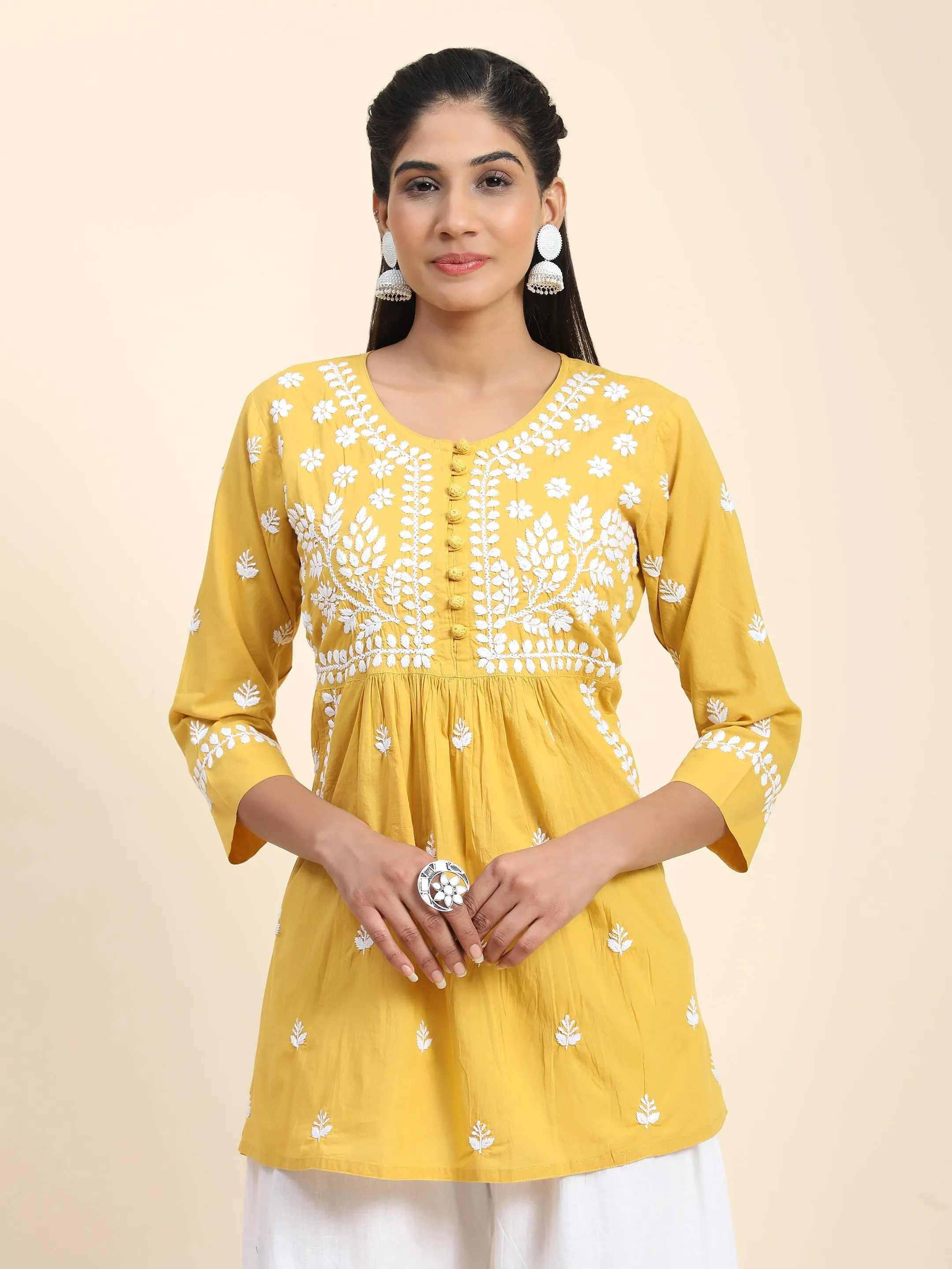 Hand Embroidery Chikankari Tunic for Women - Mustard