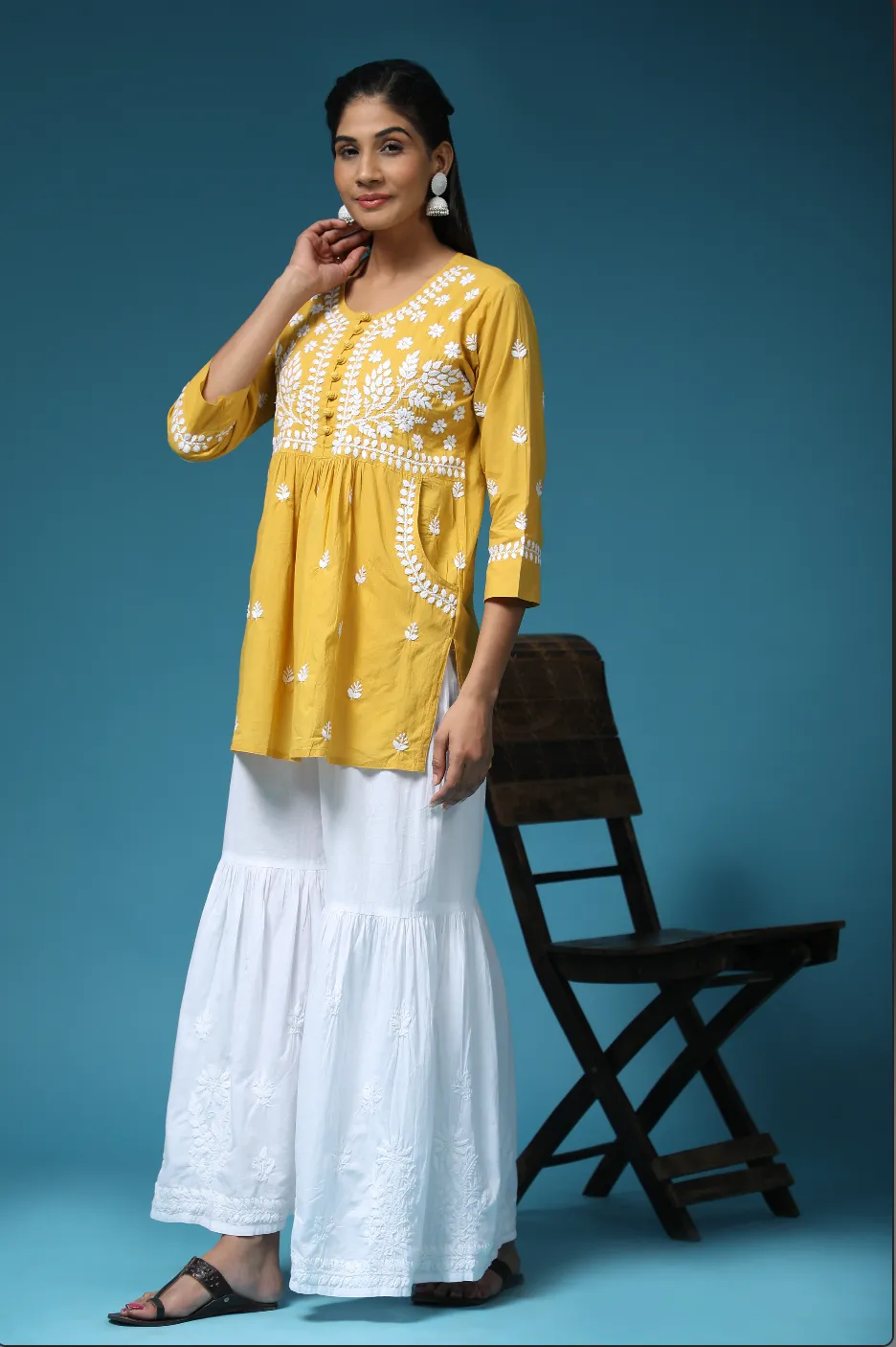 Hand Embroidery Chikankari Tunic for Women - Mustard