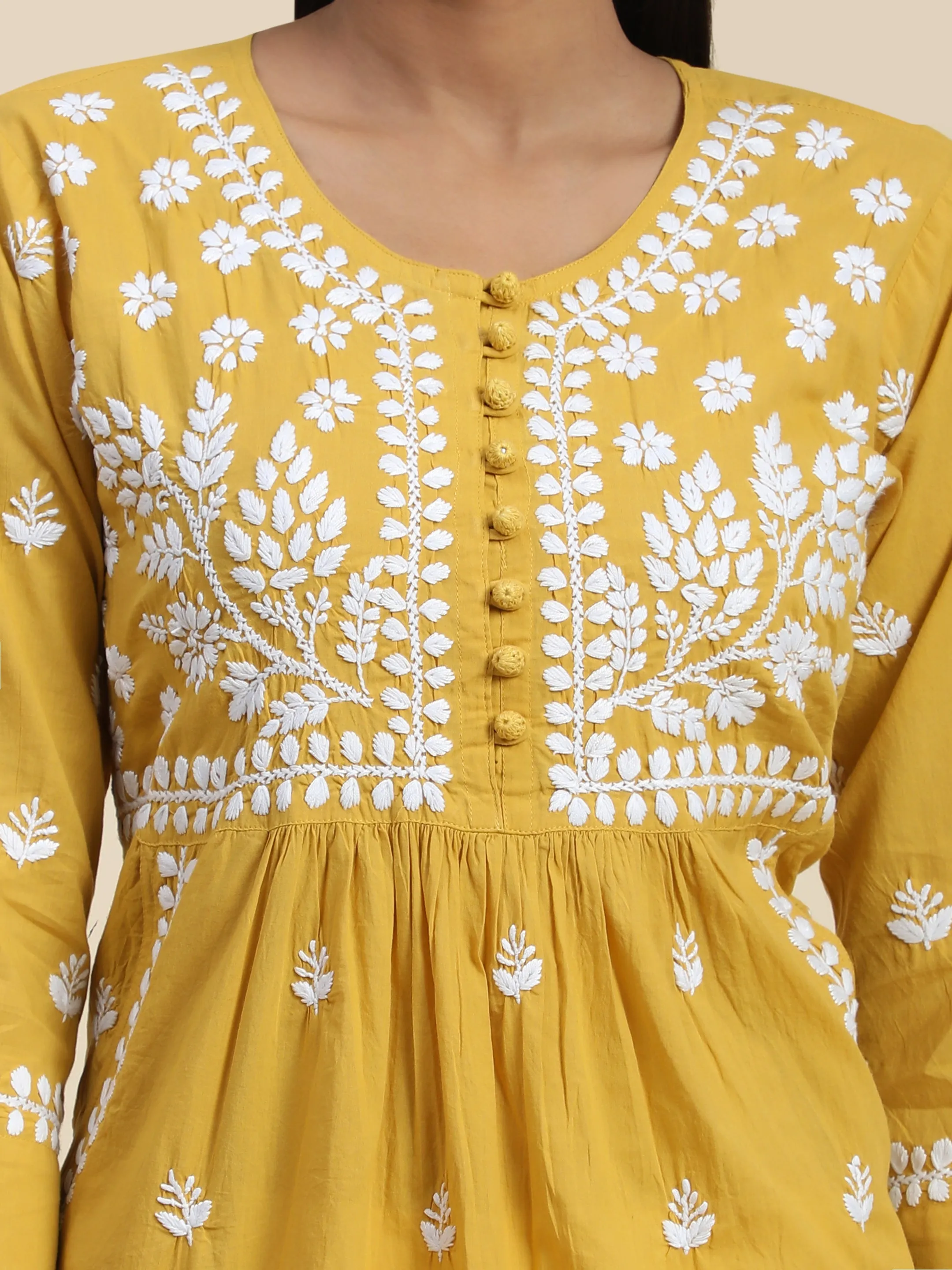 Hand Embroidery Chikankari Tunic for Women - Mustard