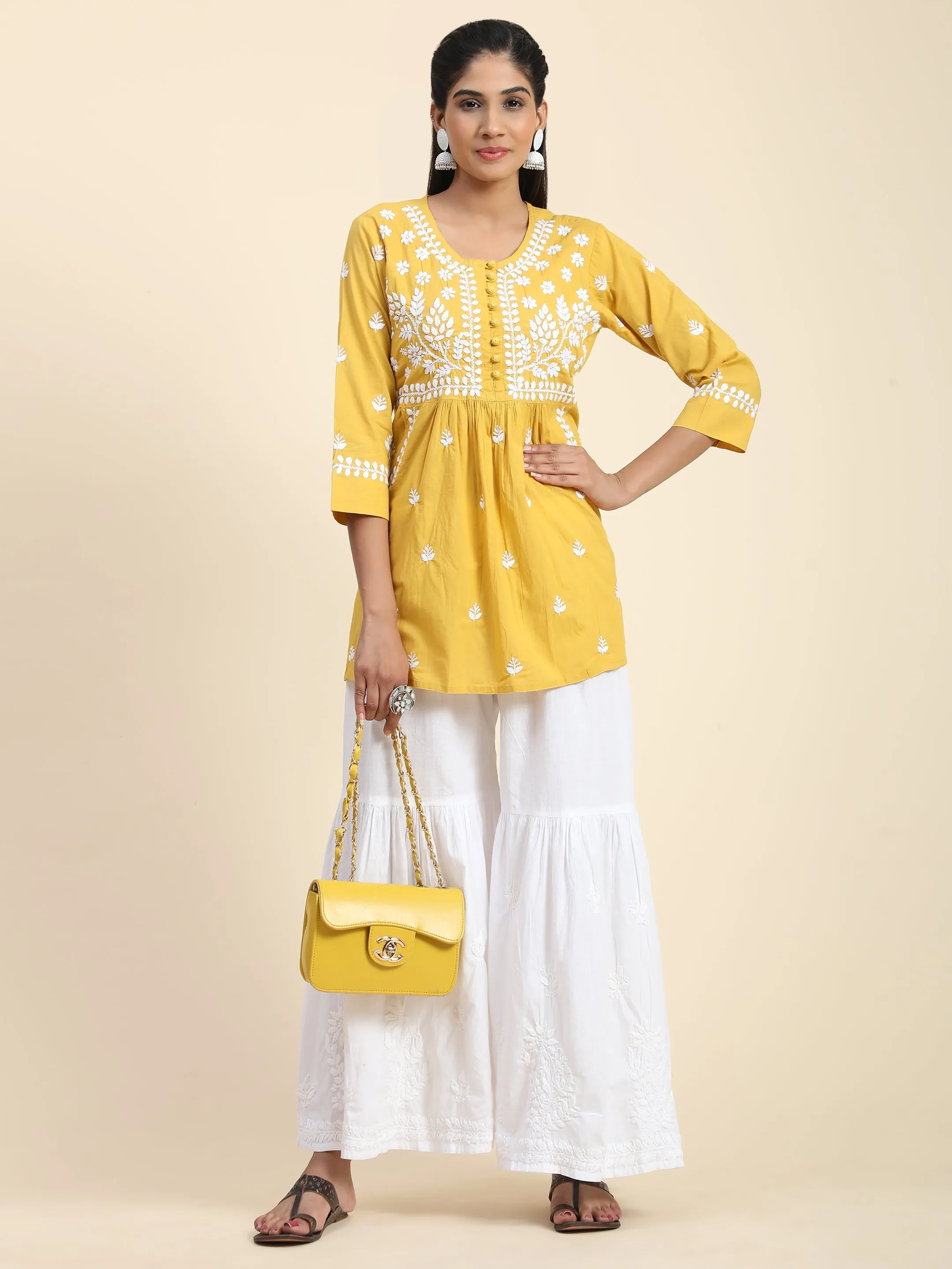 Hand Embroidery Chikankari Tunic for Women - Mustard