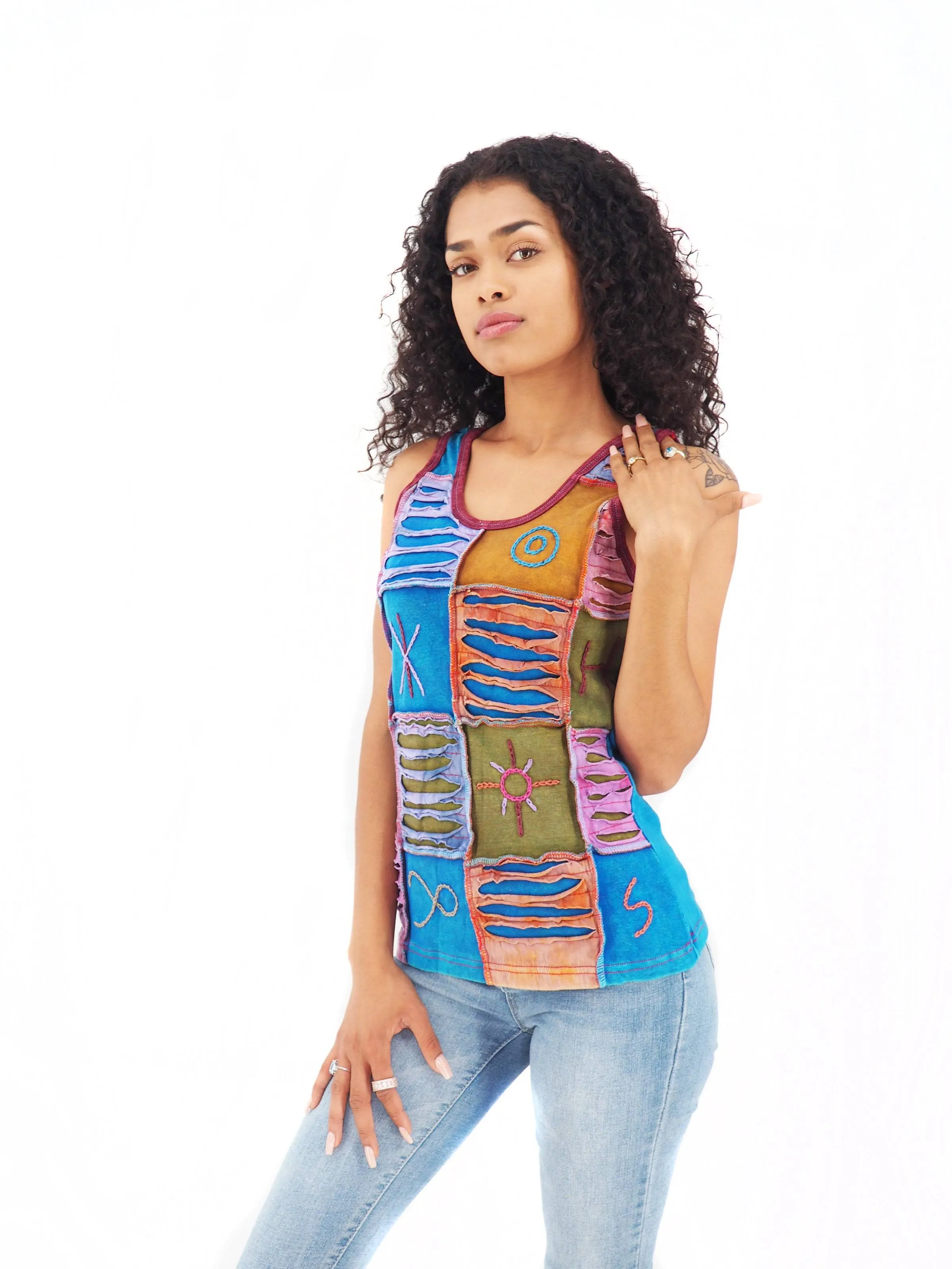 Handmade Patchwork Boho Tank Top 100% Pre-Washed Cotton Blue Tones S-M-L-XL